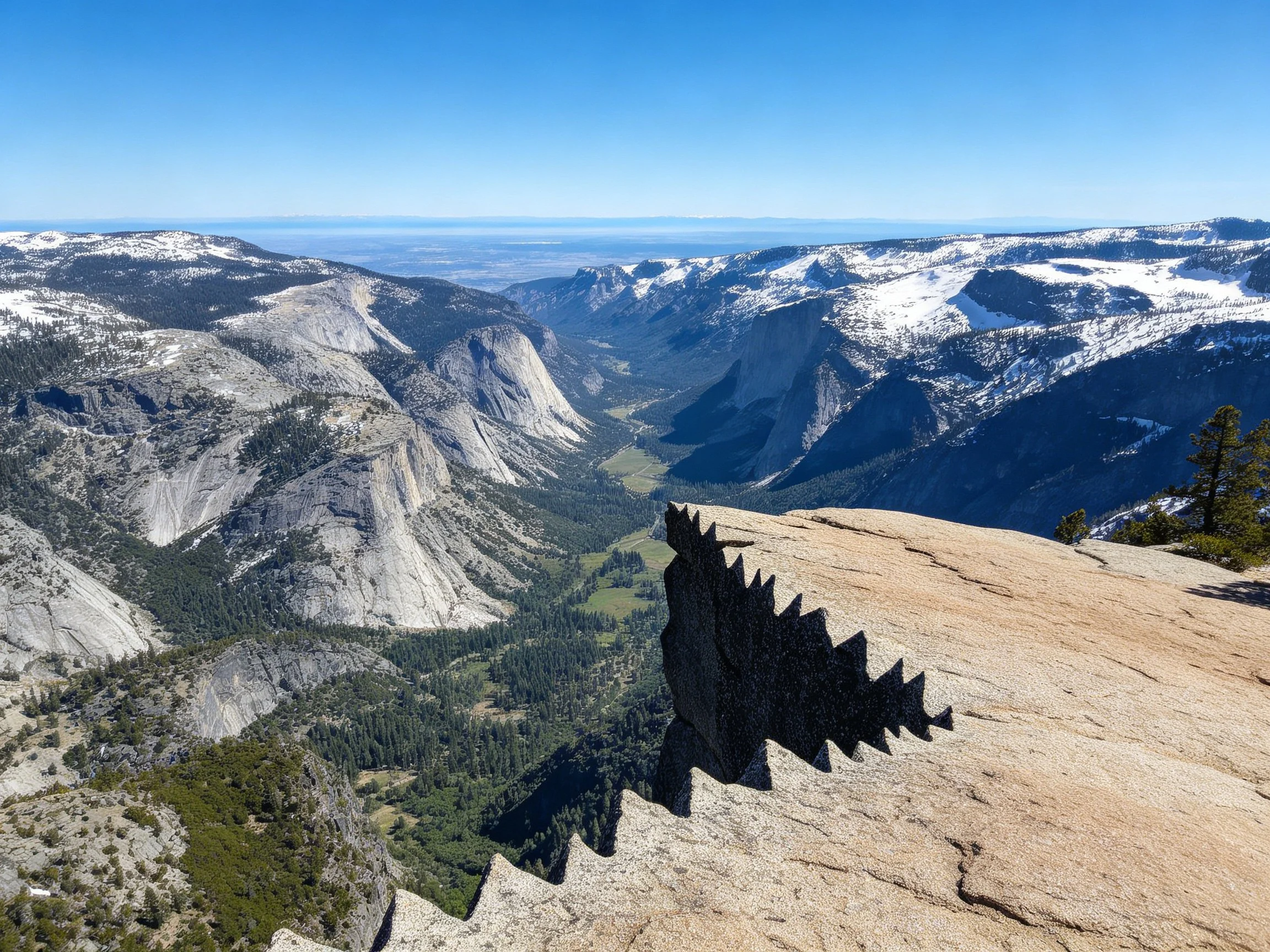 Dramatic granite cliffs overlook a mountain valley with snow-capped peaks