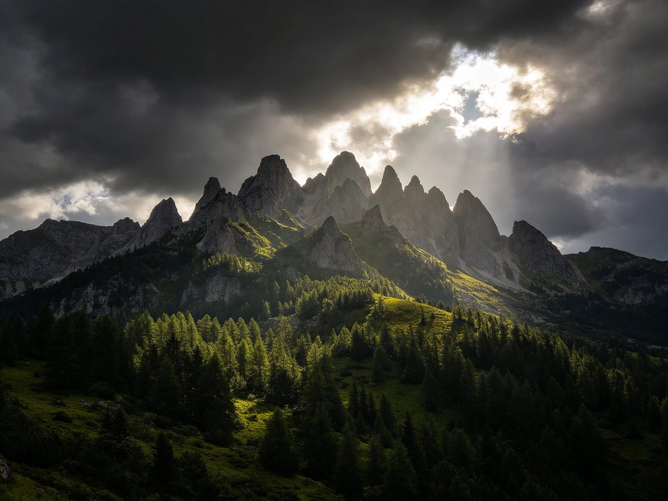 Dramatic jagged mountain peaks beneath stormy clouds with golden sunlight