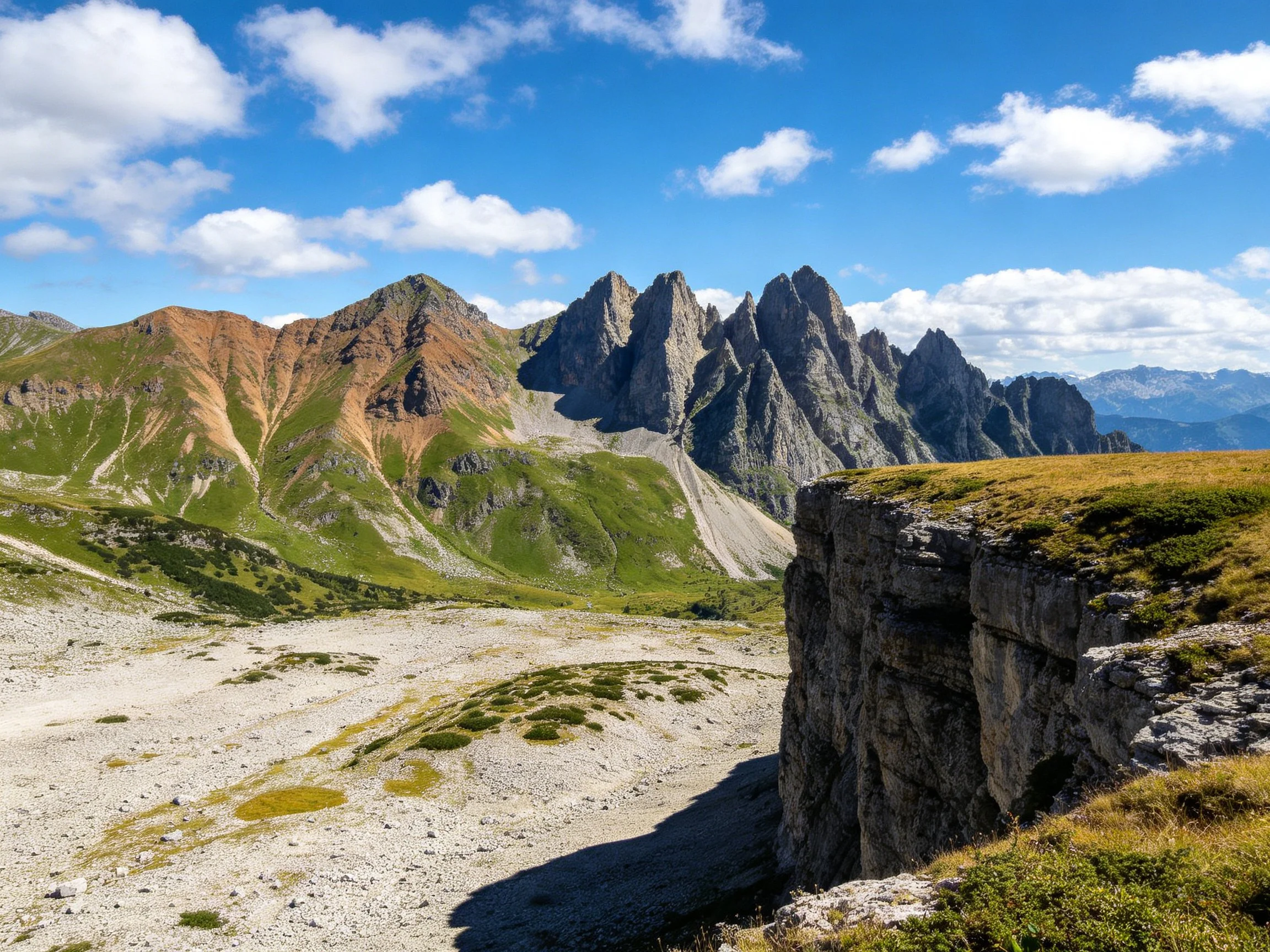 Dramatic jagged peaks with green slopes and rocky foreground under sunny sky