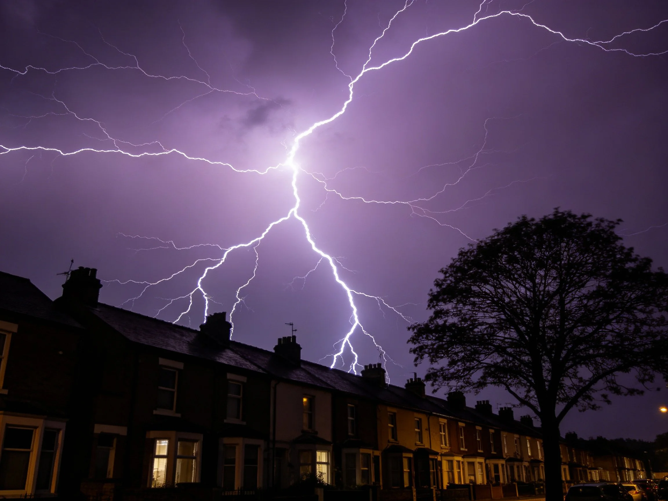Dramatic lightning bolts illuminate a deep purple night sky over row houses