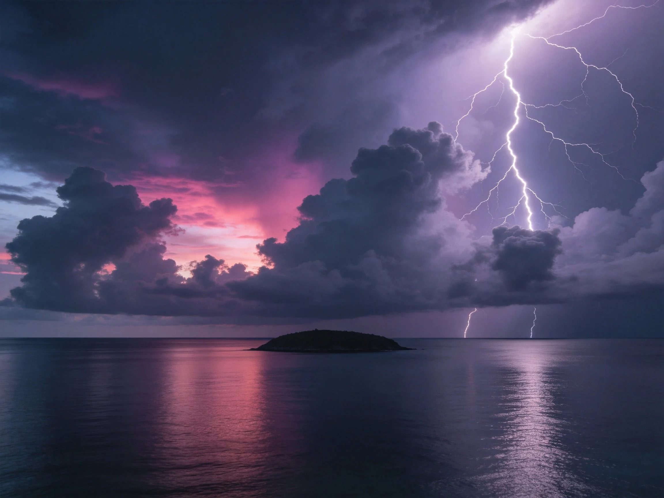 Dramatic lightning over calm sea with dark clouds and pink-purple sky
