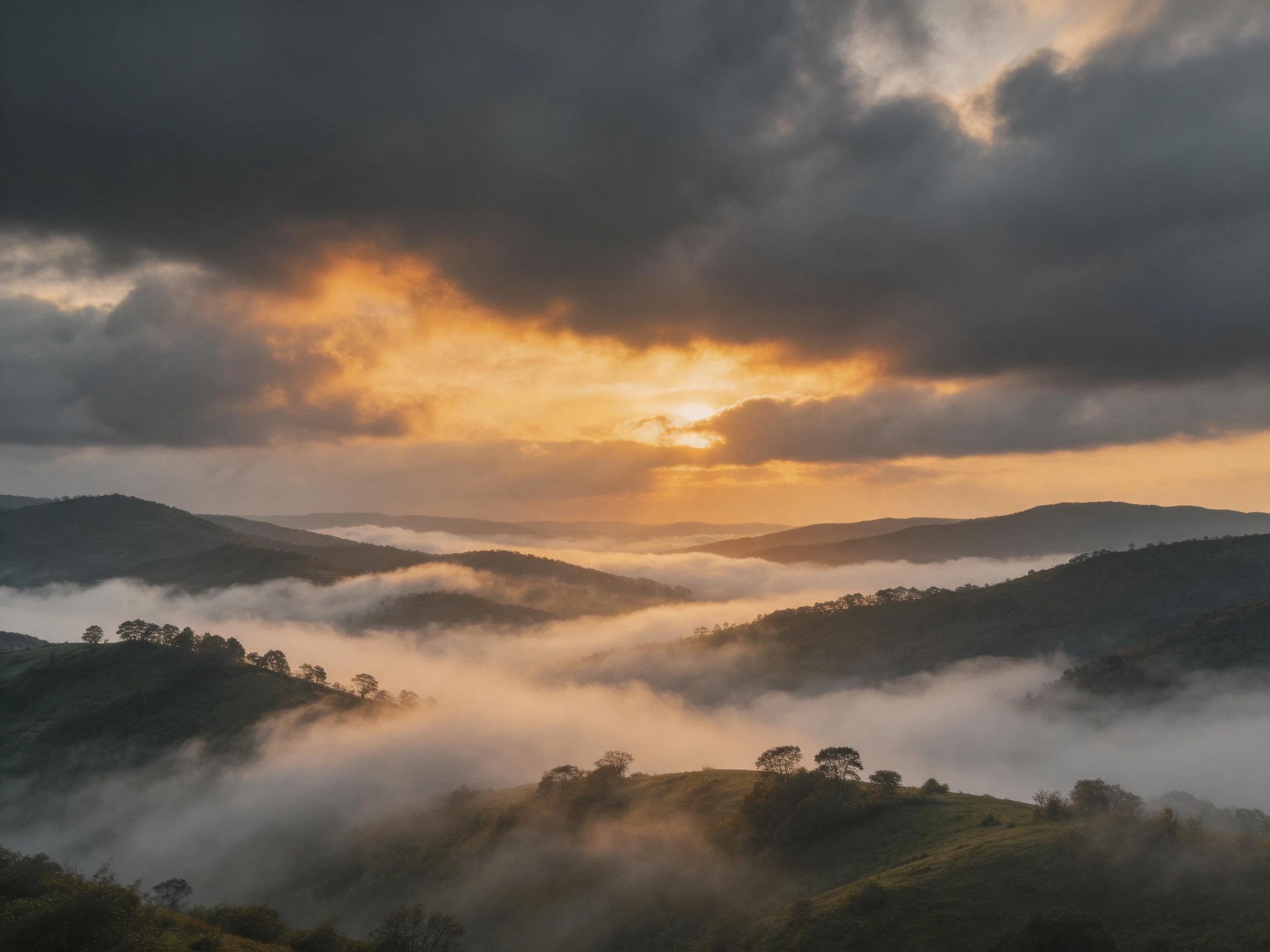 Dramatic mountain landscape with golden sunrise through stormy clouds