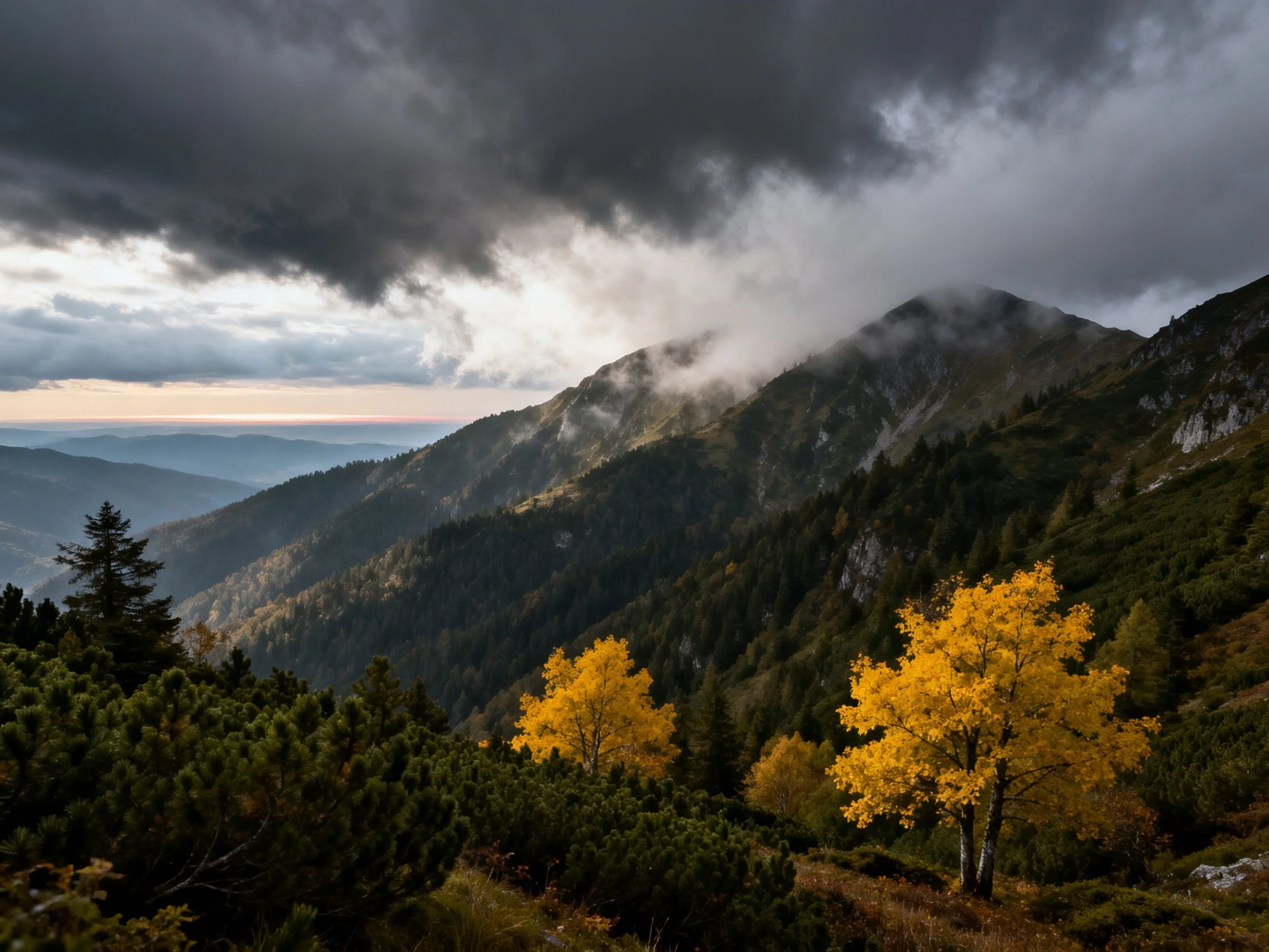 Dramatic mountain landscape with golden trees and stormy skies