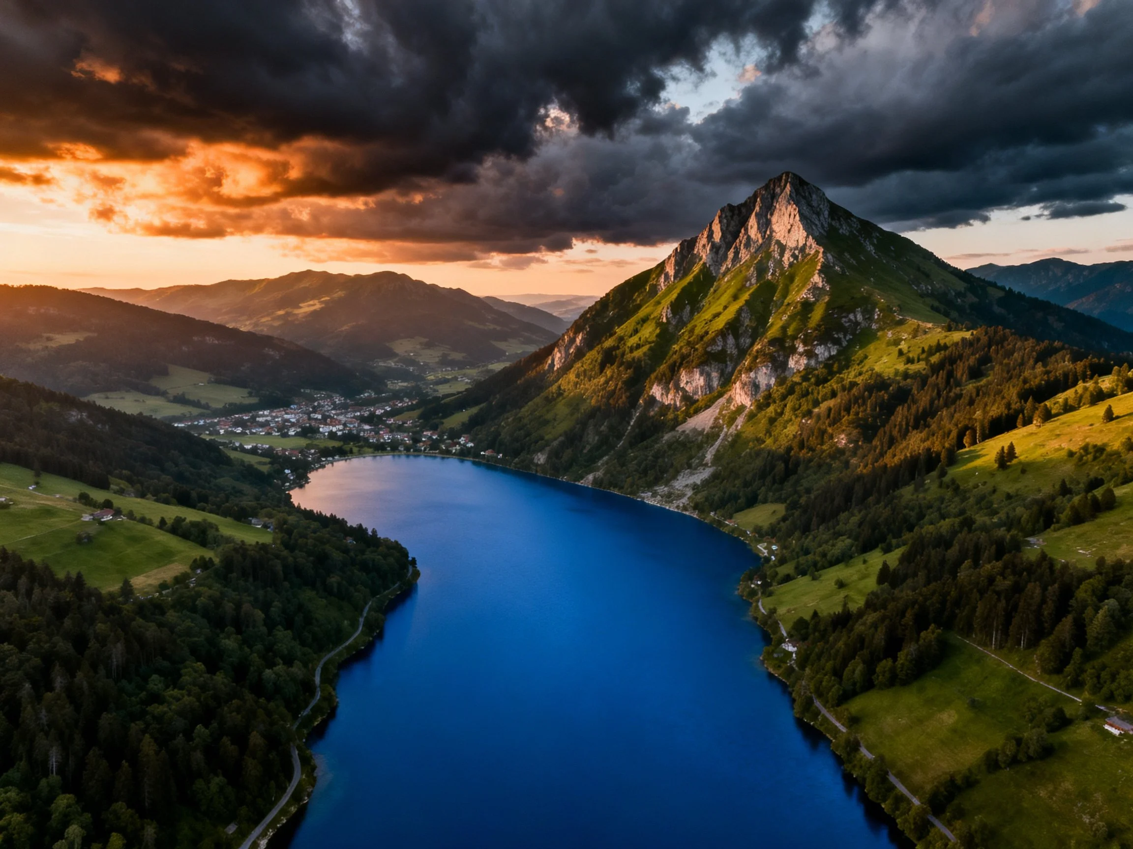 Dramatic mountain overlooks deep blue lake near small town under stormy sunset