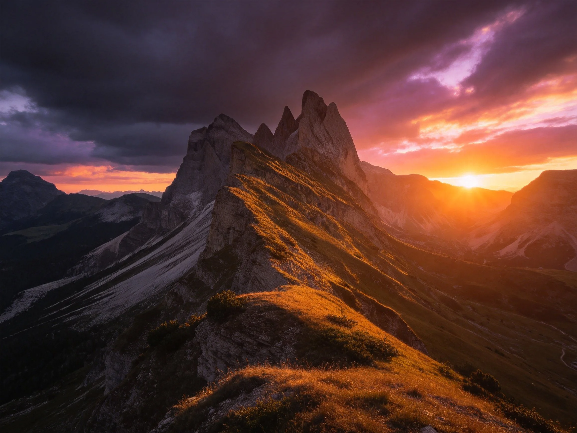 Dramatic mountain peaks at sunset with vibrant sky