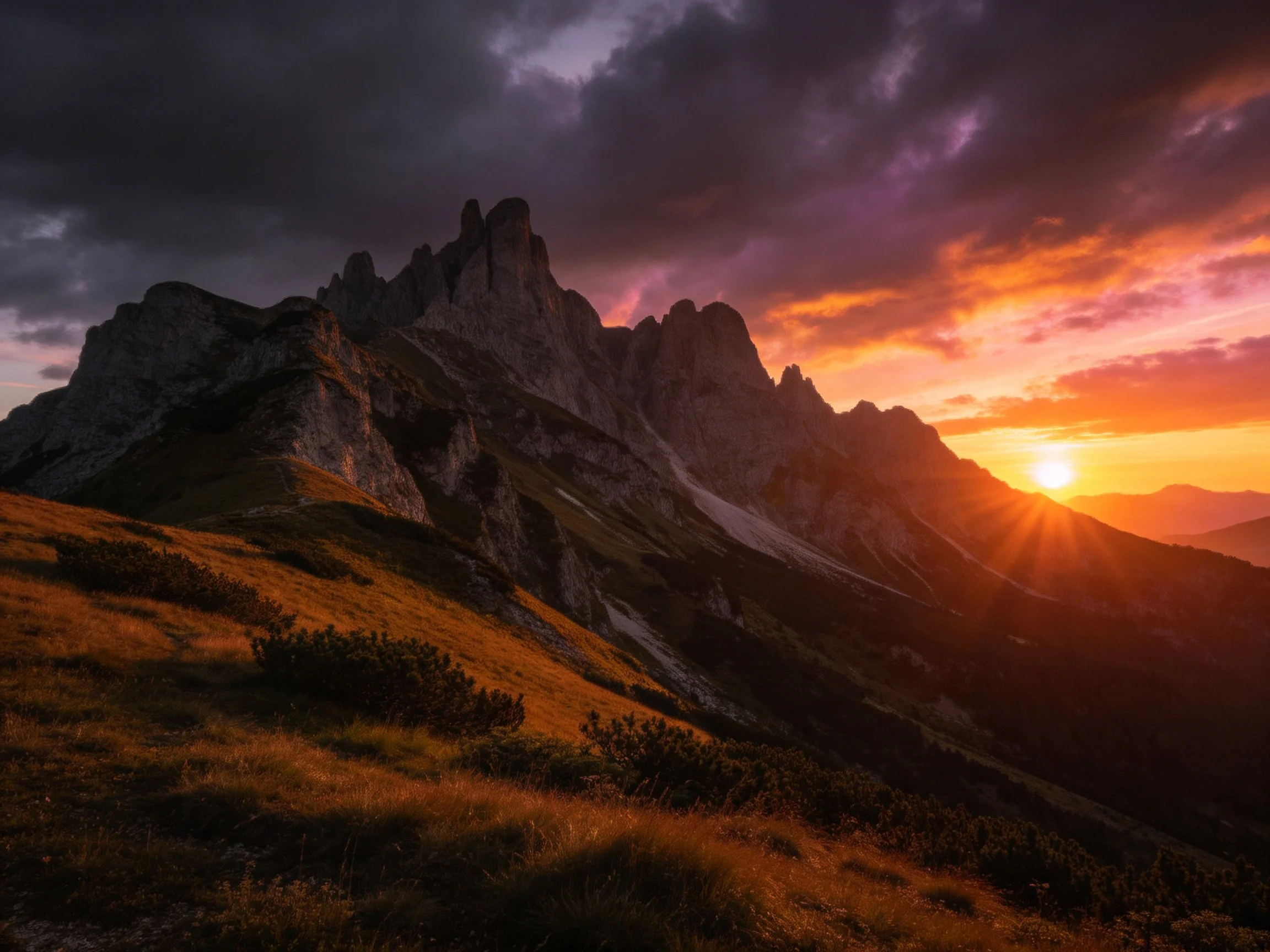Dramatic mountain peaks at sunset with vibrant sky