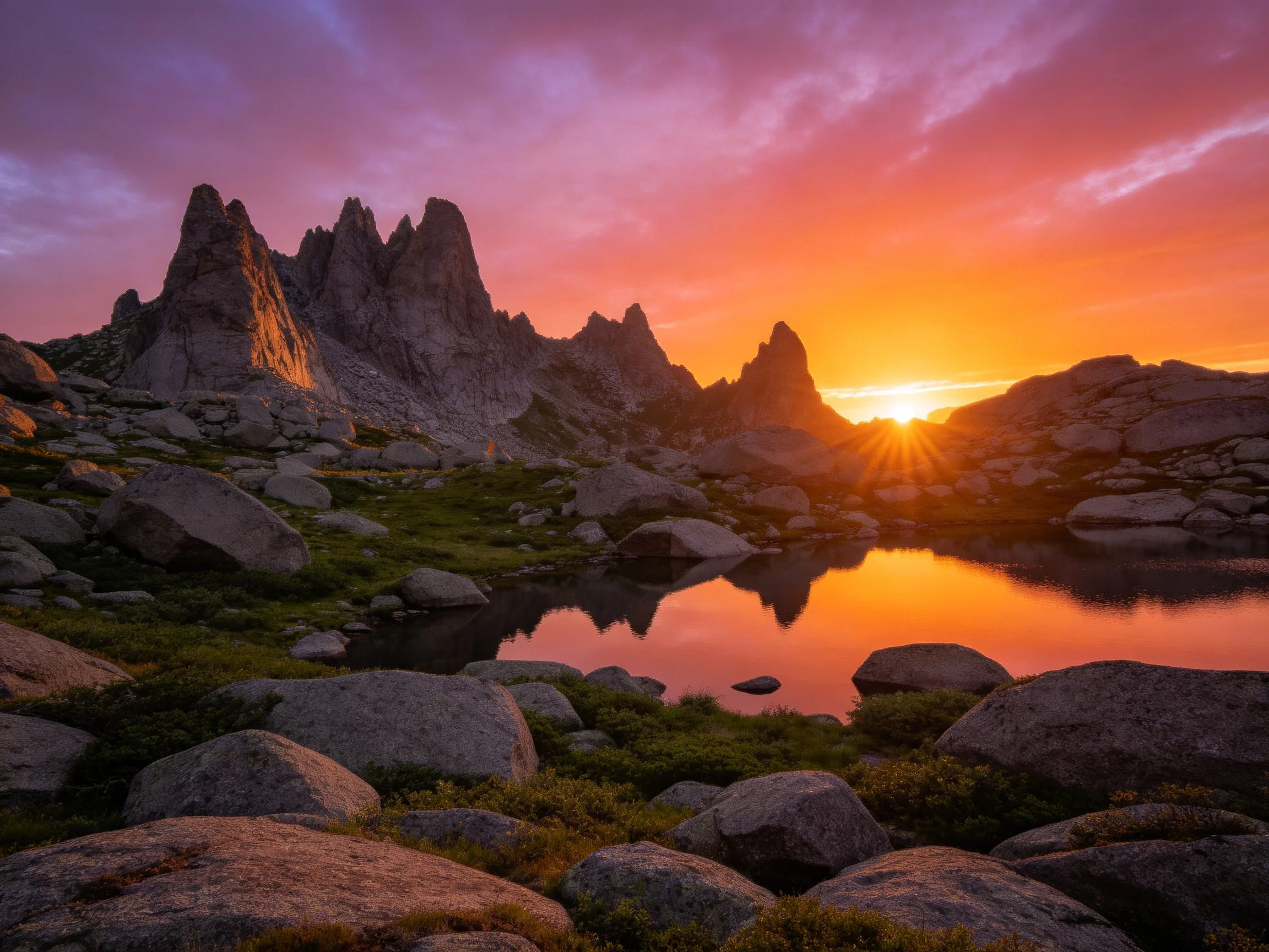 Dramatic mountain peaks reflect in alpine lake during vibrant sunset