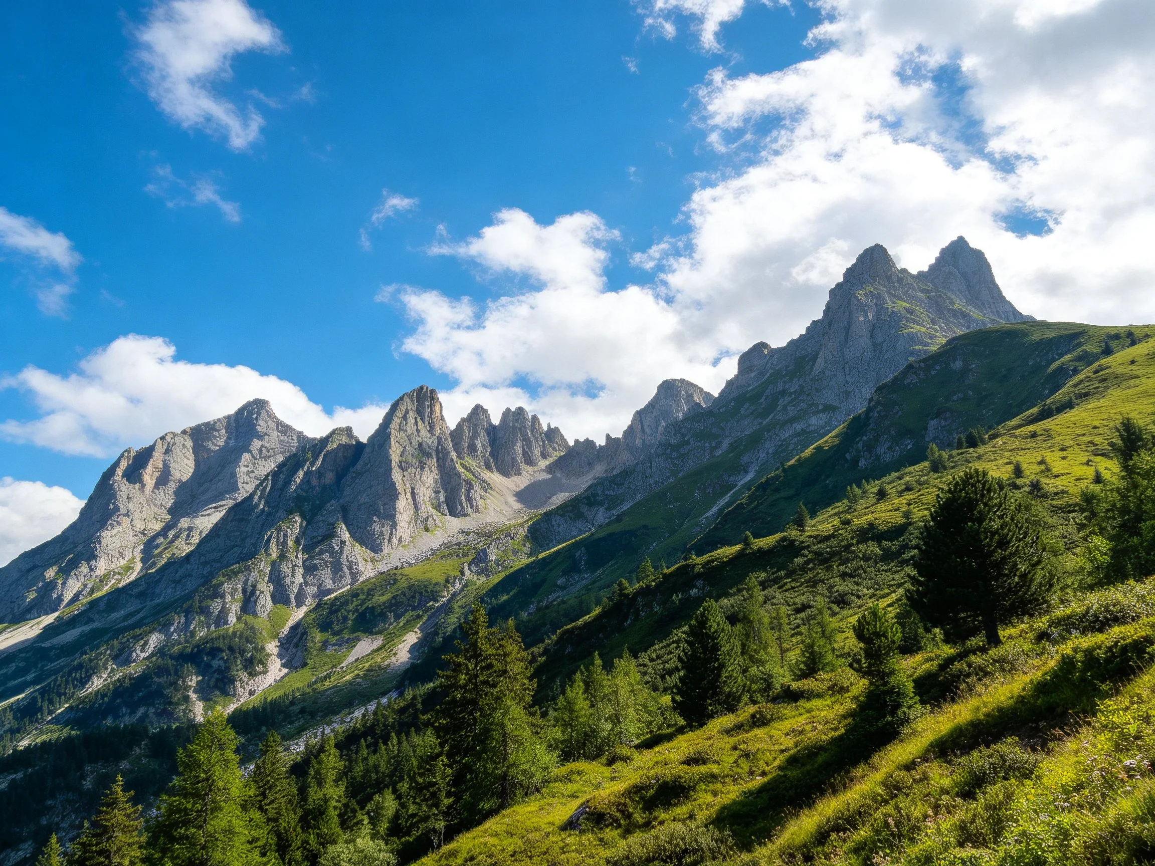 Dramatic mountain peaks rise above lush green valleys
