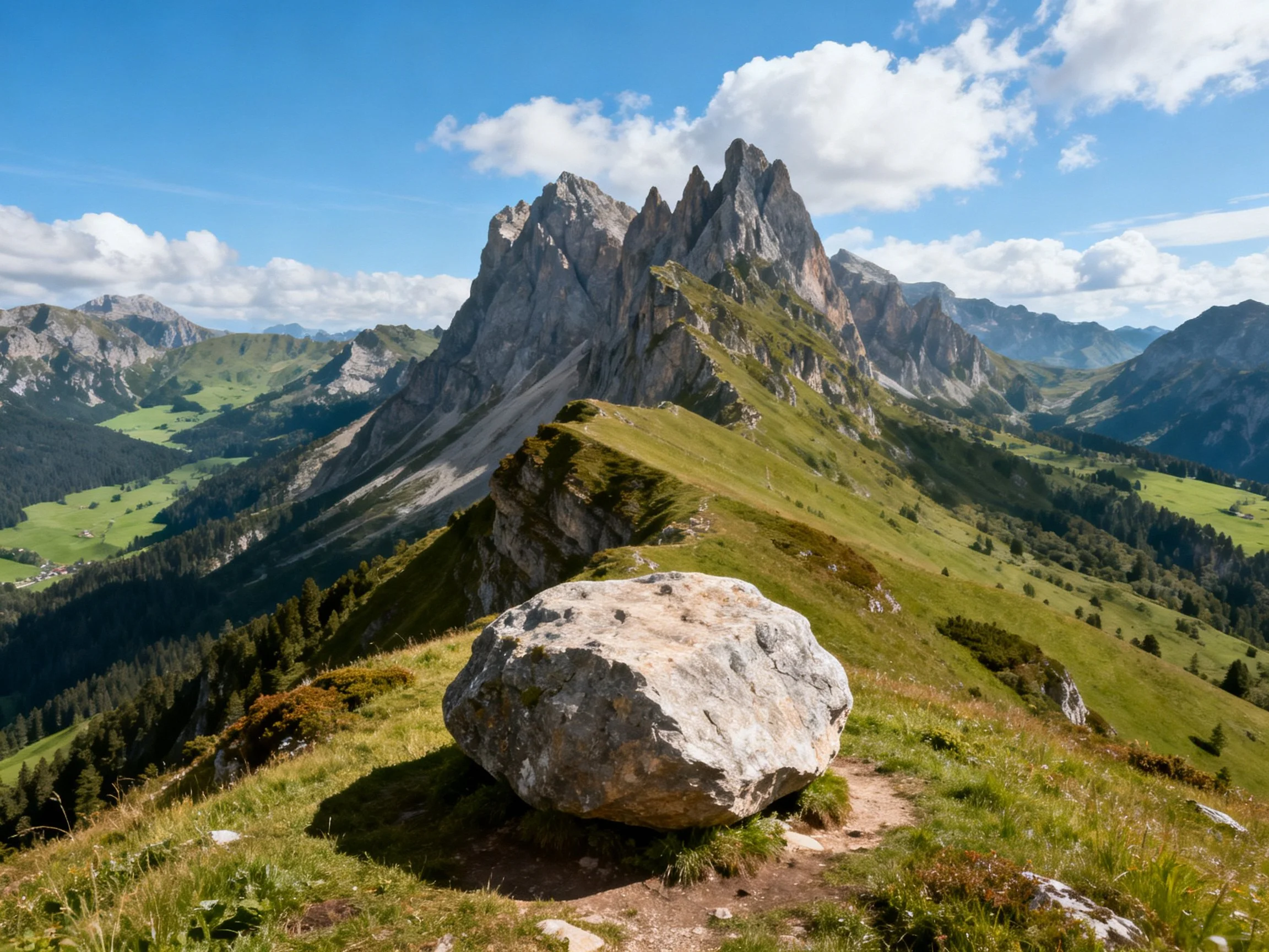 Dramatic mountain peaks tower over lush green valleys with a massive boulder in foreground