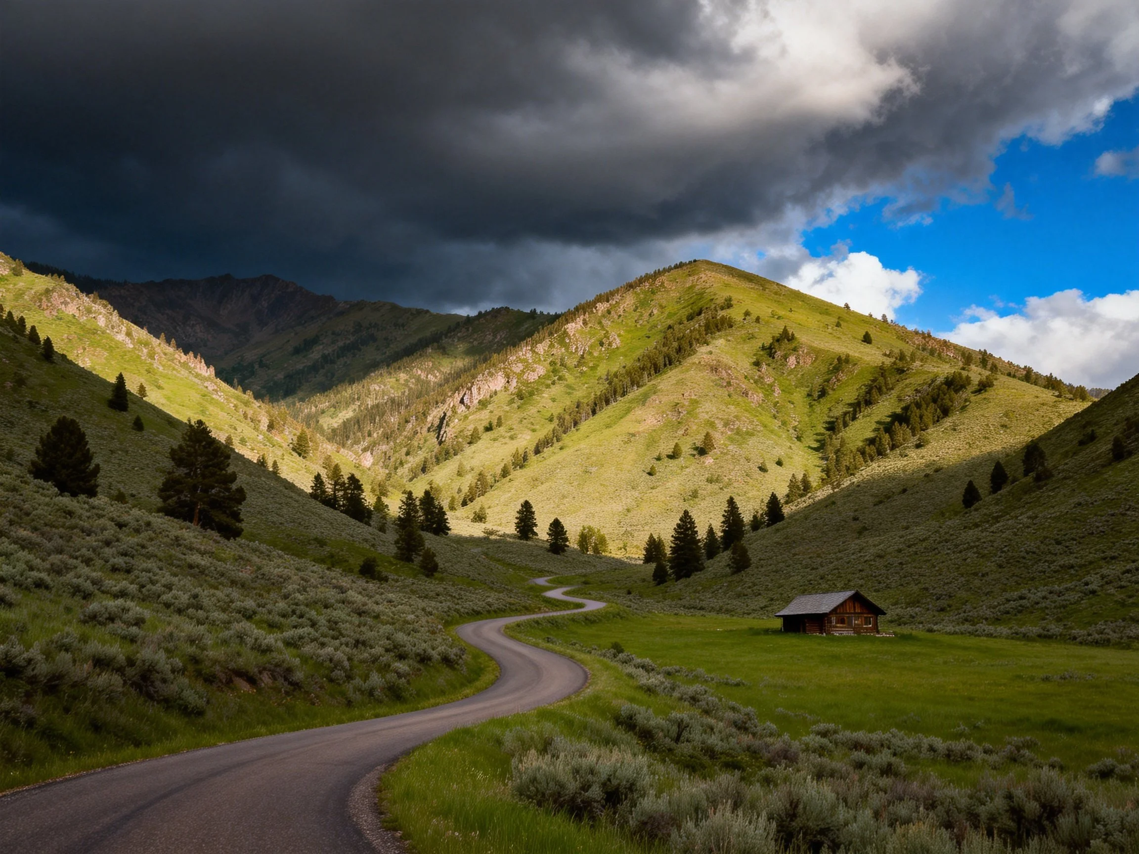Dramatic mountain valley with winding road and wooden cabin