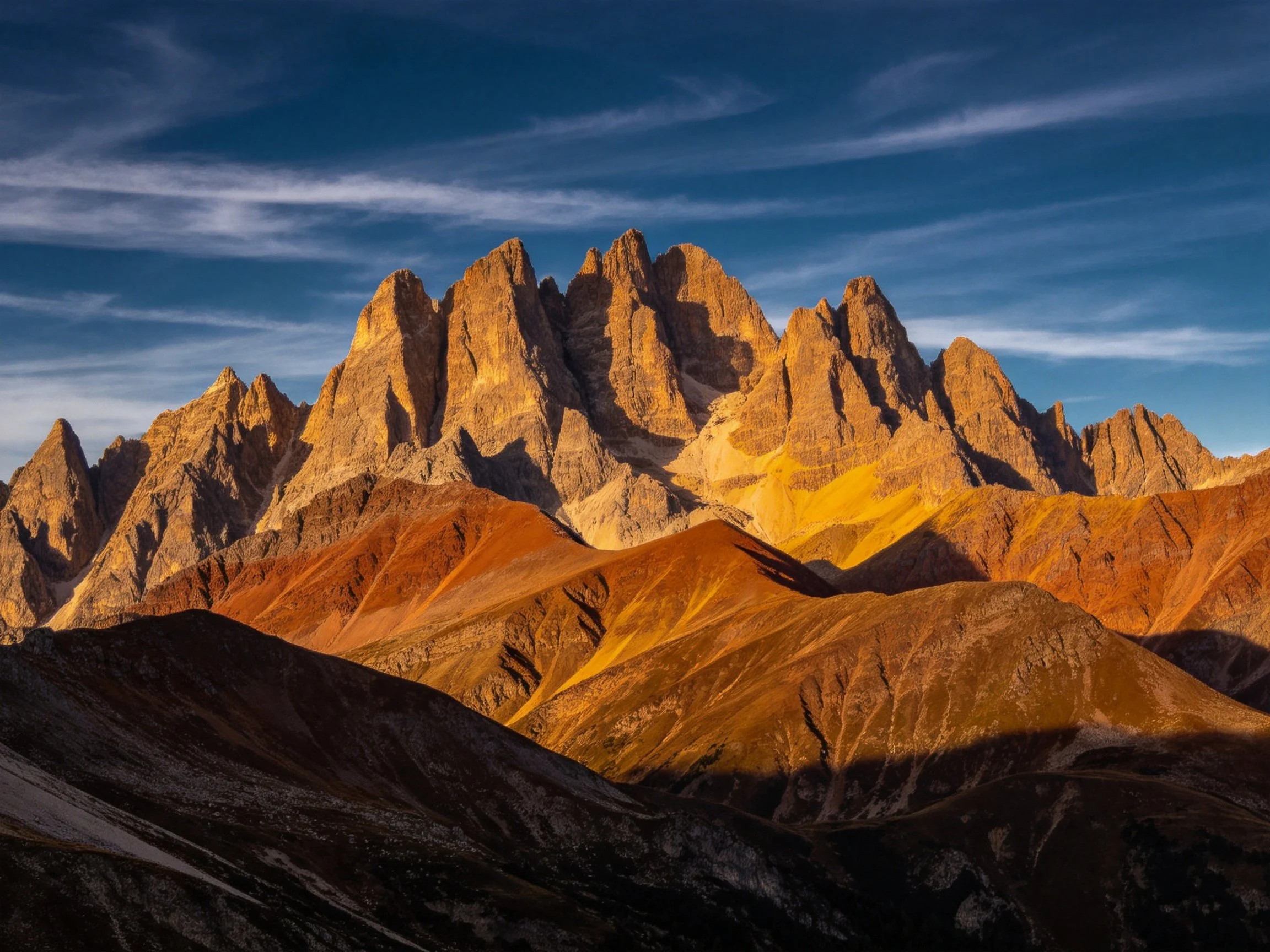 Dramatic multicolored mountain peaks with golden illumination