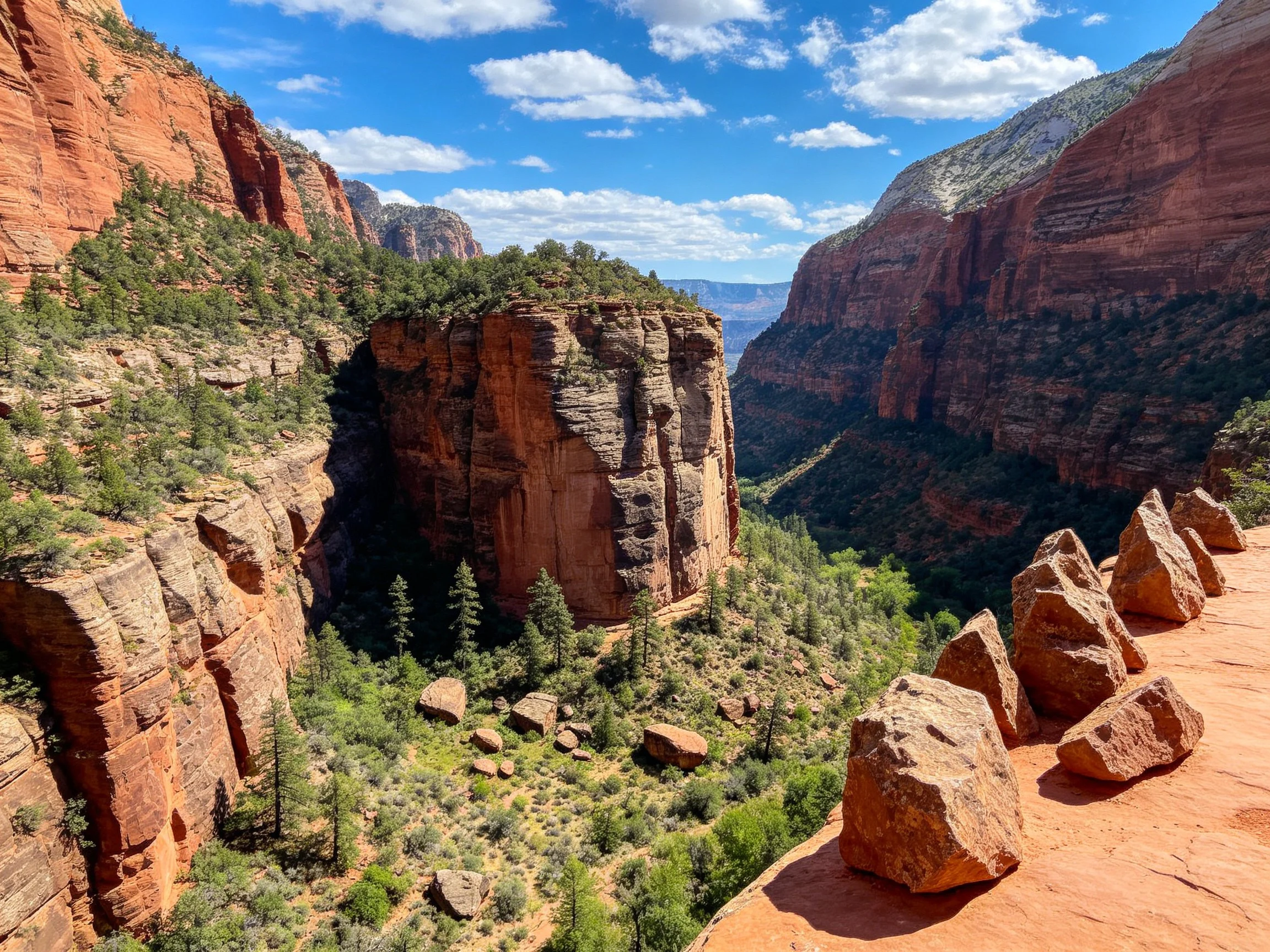 Dramatic red rock canyon with lush vegetation and expansive blue sky