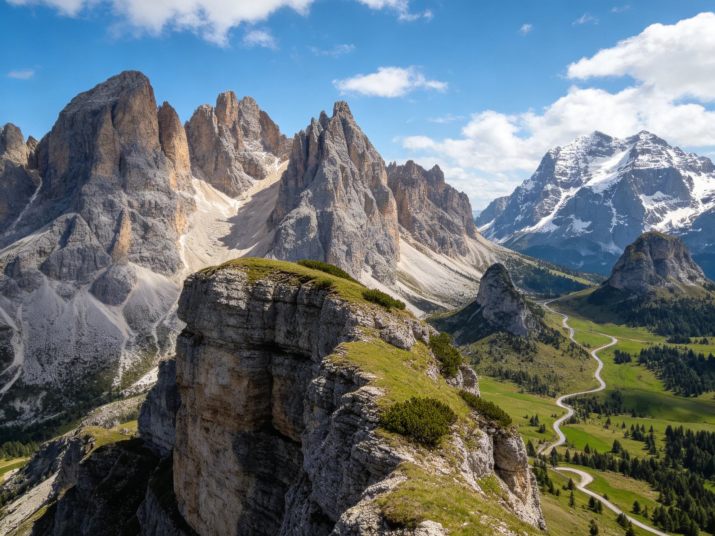 Dramatic rocky peaks, lush green valleys, winding mountain paths