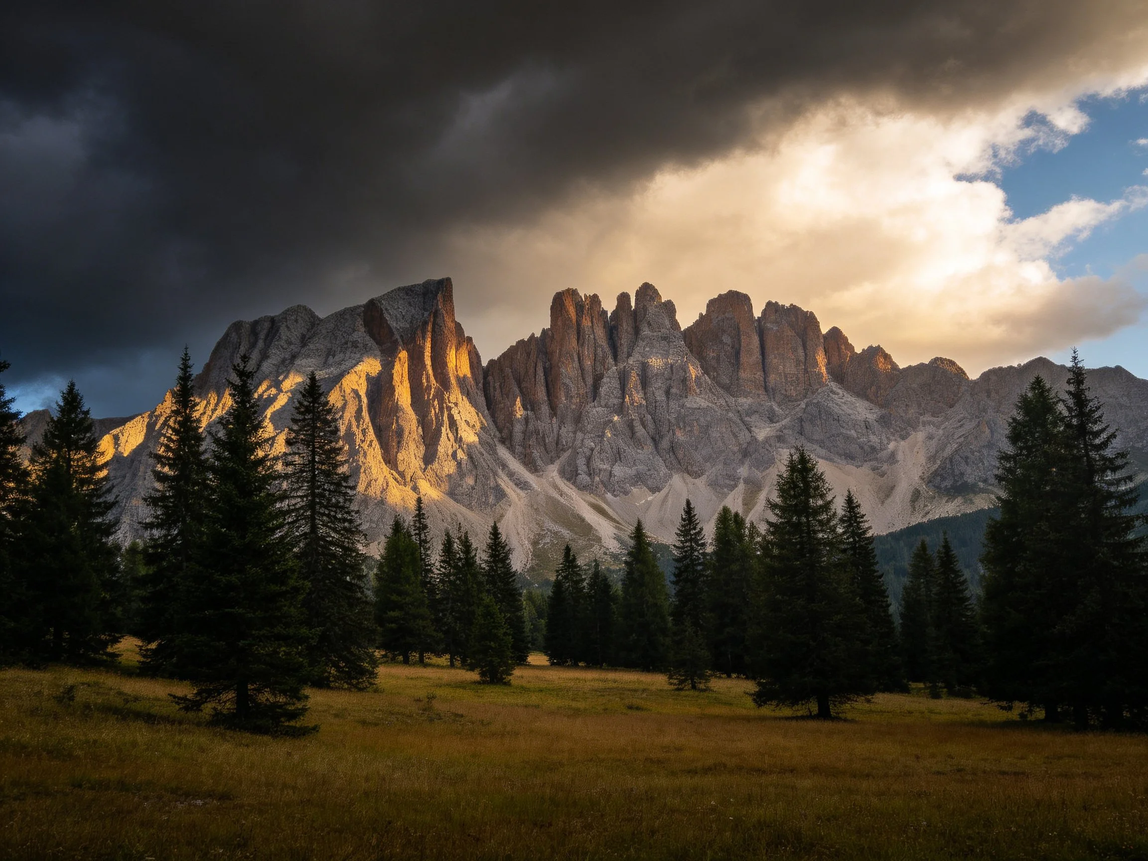 Dramatic rocky peaks with golden sunlight and dark clouds
