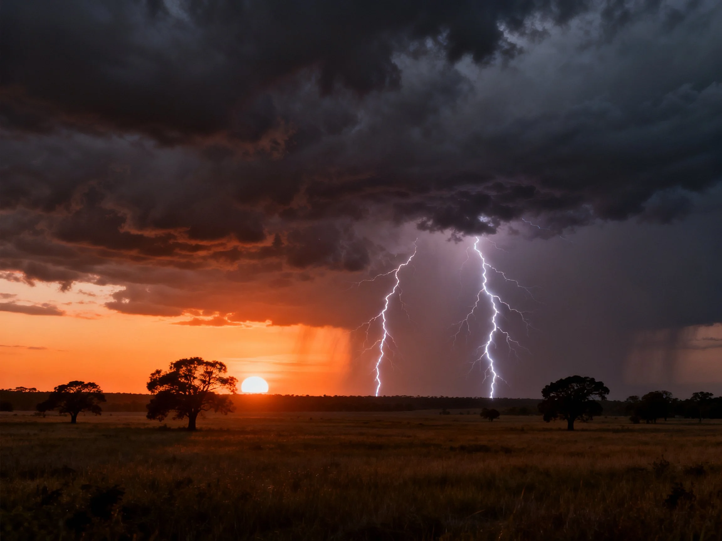Dramatic savannah storm with lightning and sunset
