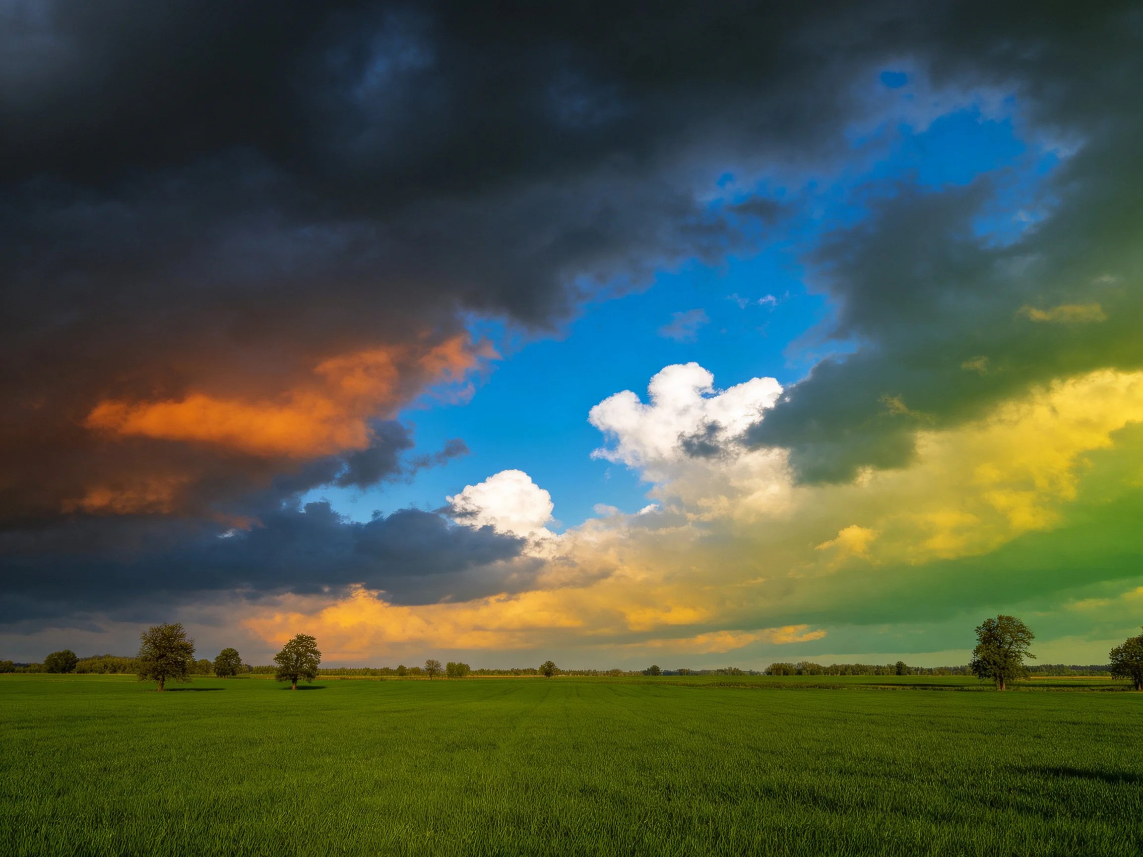 Dramatic sky with dark storm clouds, bright blue patches, and lush green field