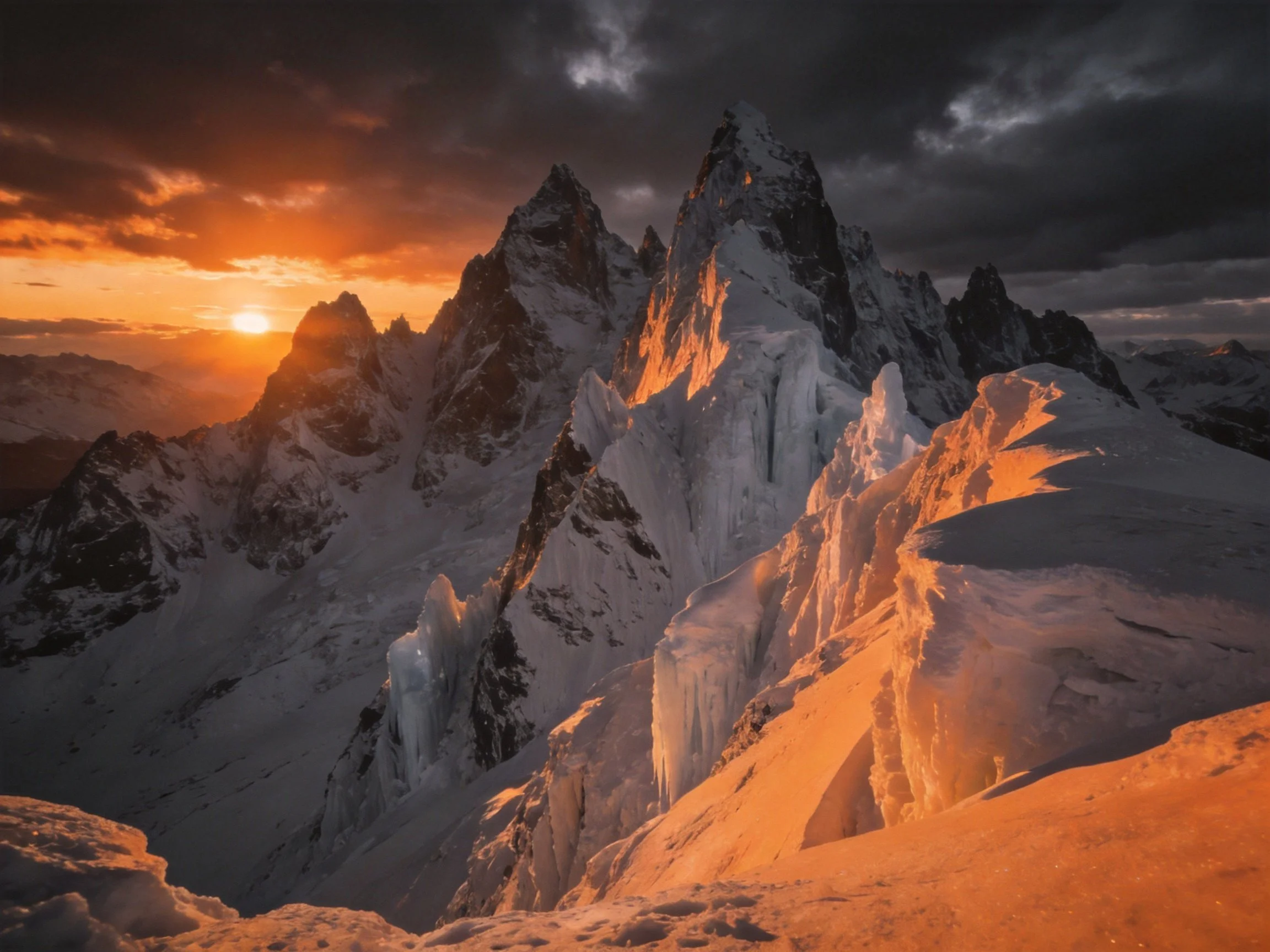 Dramatic snow-capped mountain peaks at sunset