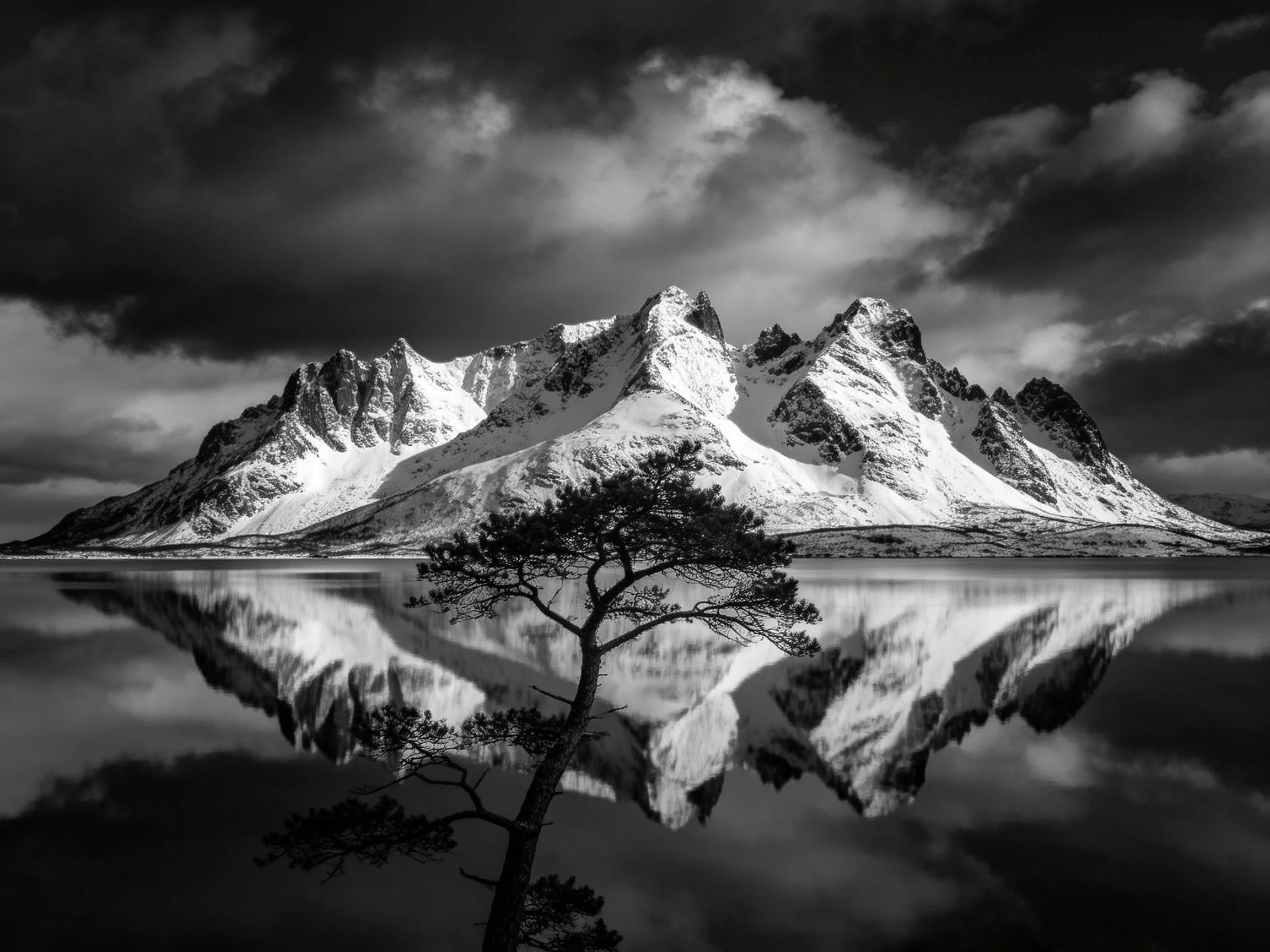 Dramatic snow-capped mountains reflected in calm waters with solitary tree