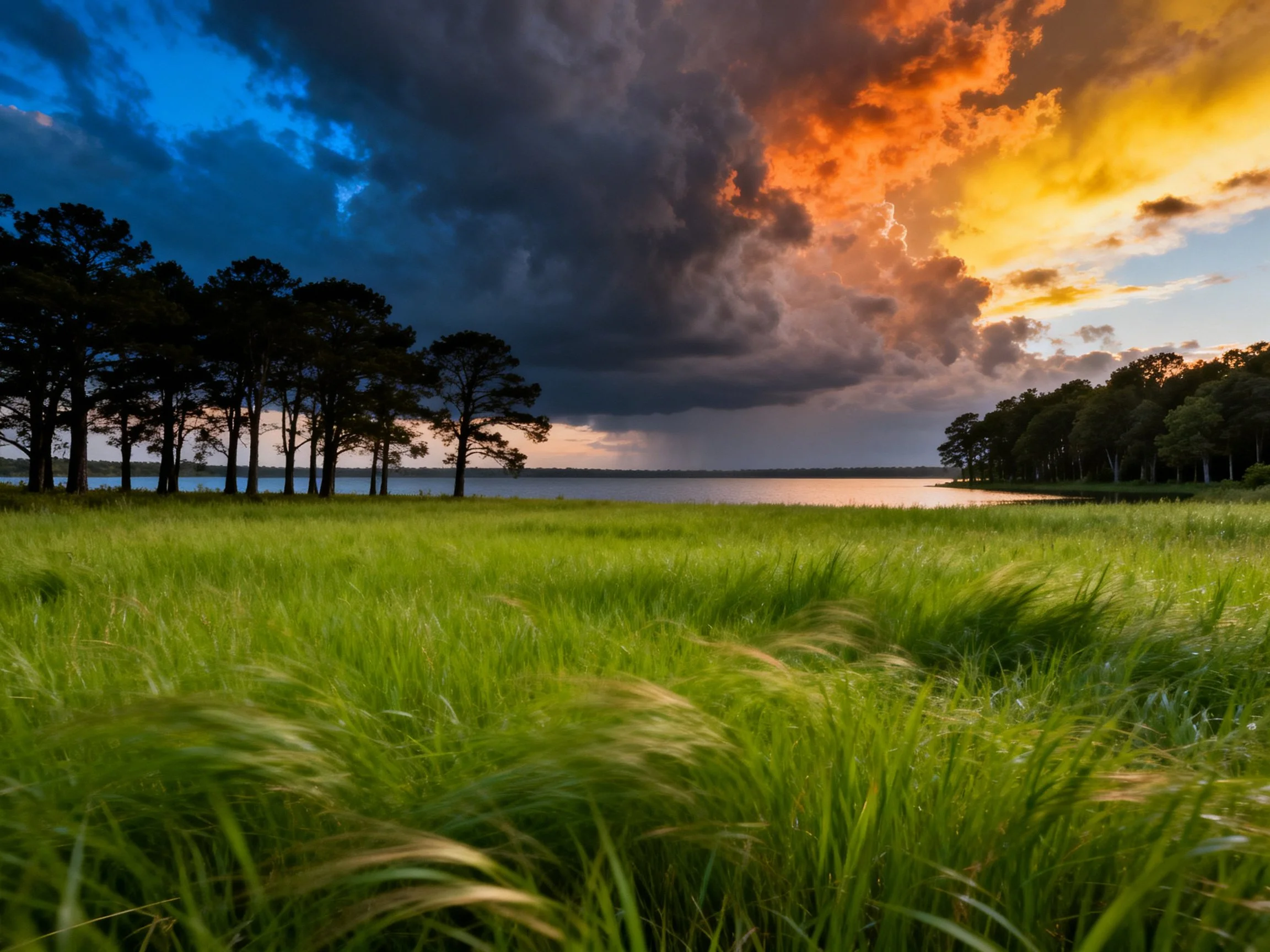 Dramatic stormy sky over lush green meadow near tranquil water