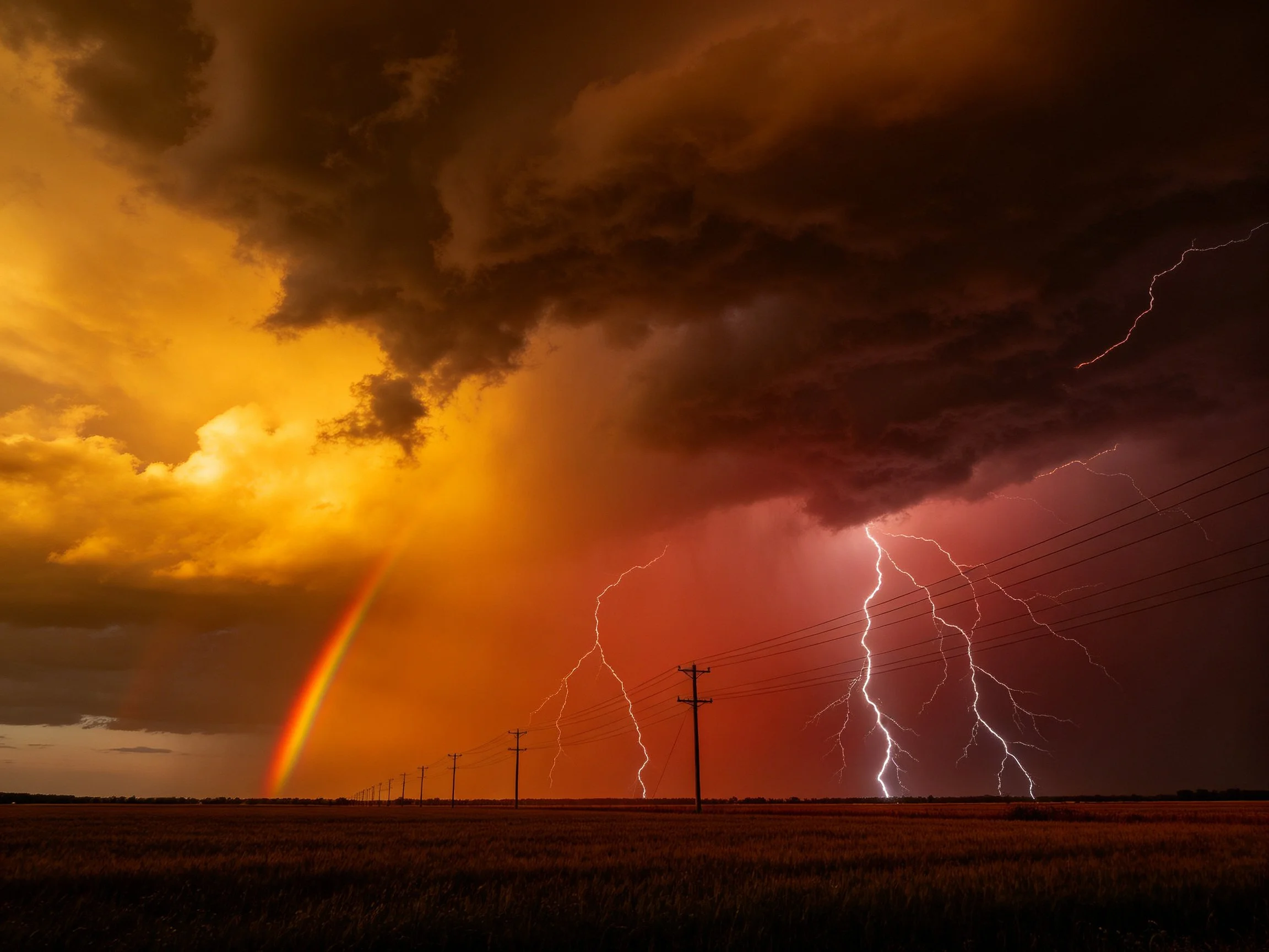 Dramatic stormy sky with lightning, rainbow, and power lines