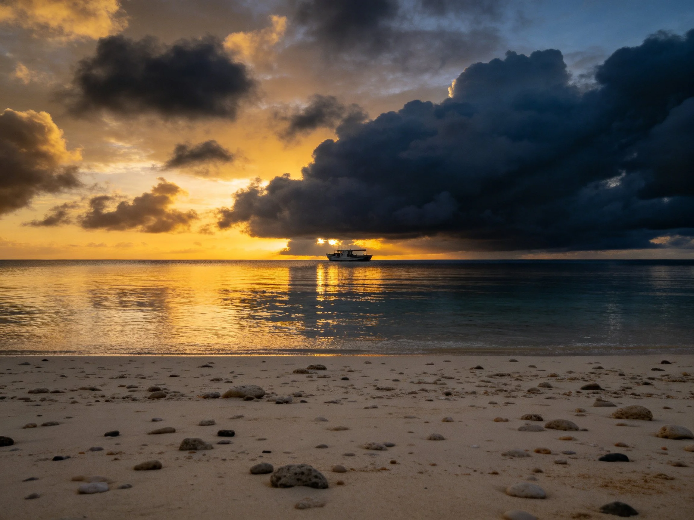 Dramatic sunset clouds over calm sea with boat and pebbly shore