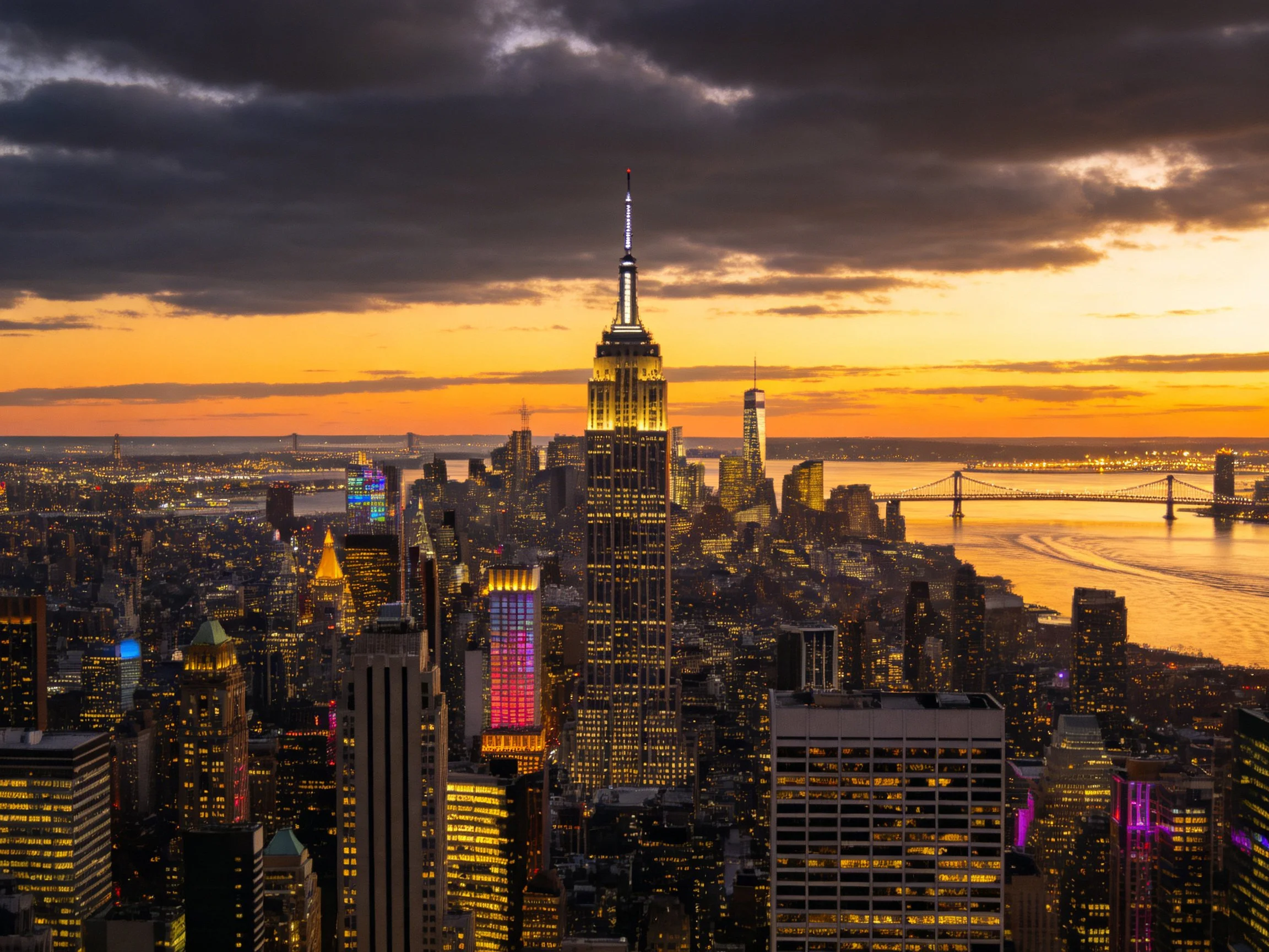Dramatic sunset over Manhattans illuminated skyline