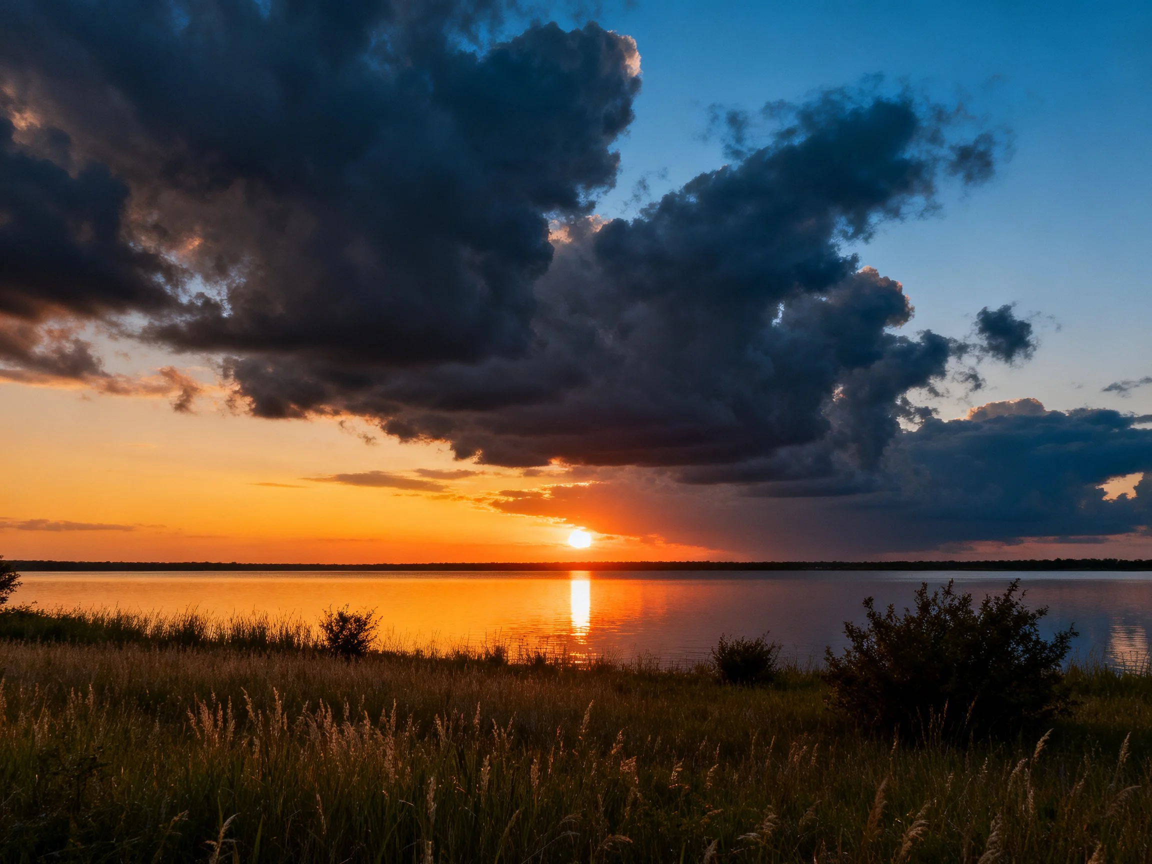 Dramatic sunset over calm lake with dark stormy clouds