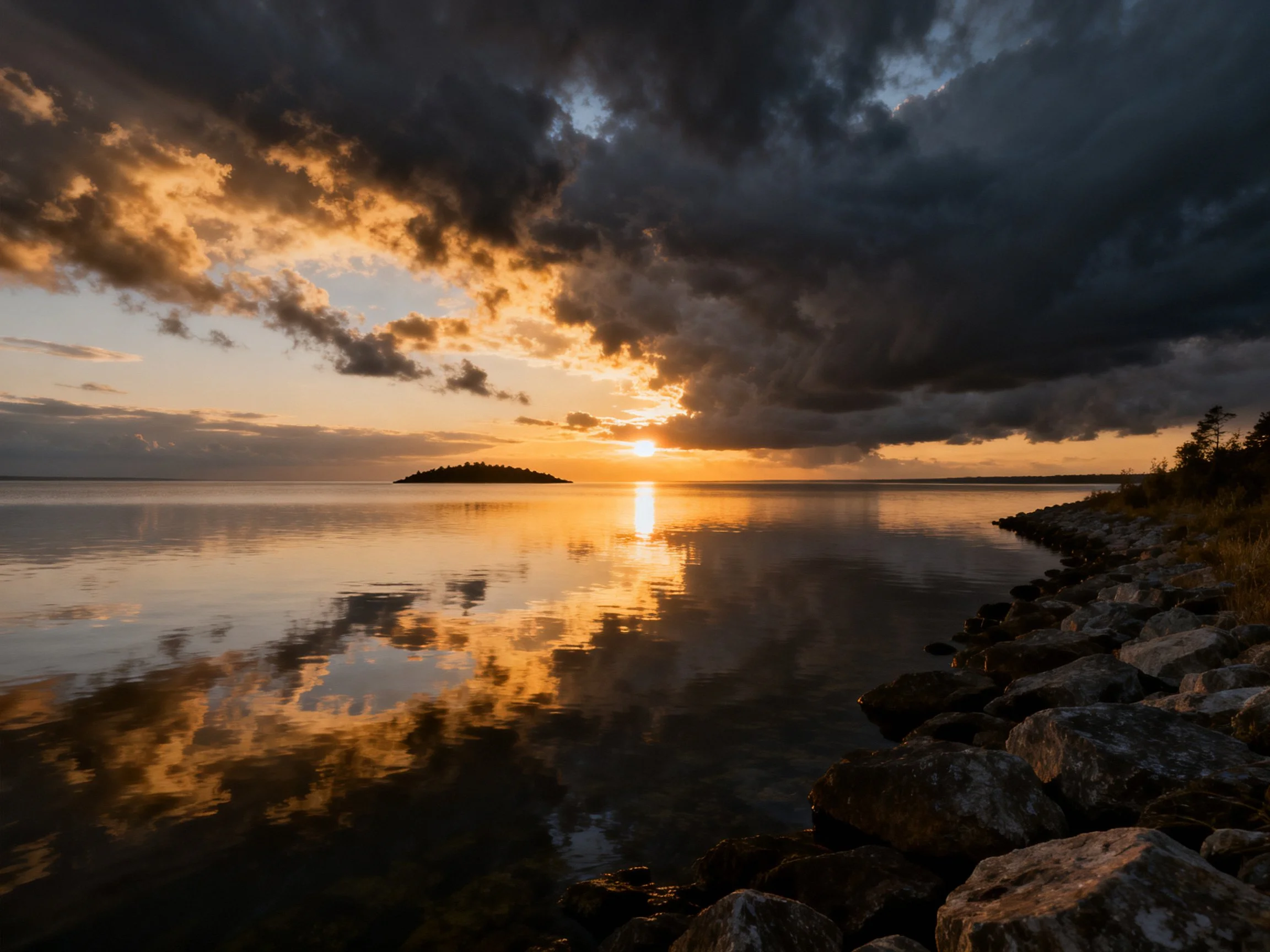 Dramatic sunset over calm waters with dark storm clouds and rocky shoreline