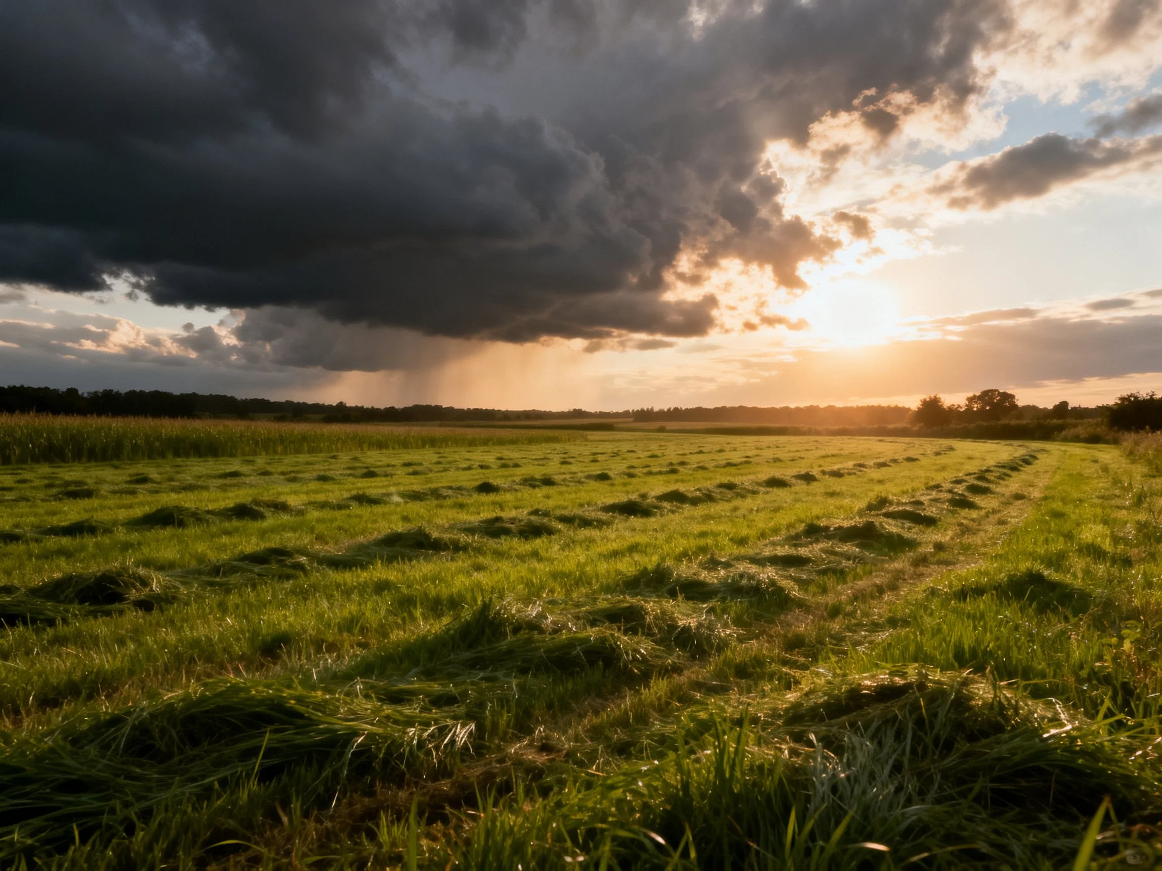 Dramatic sunset over lush green farmland with stormy clouds