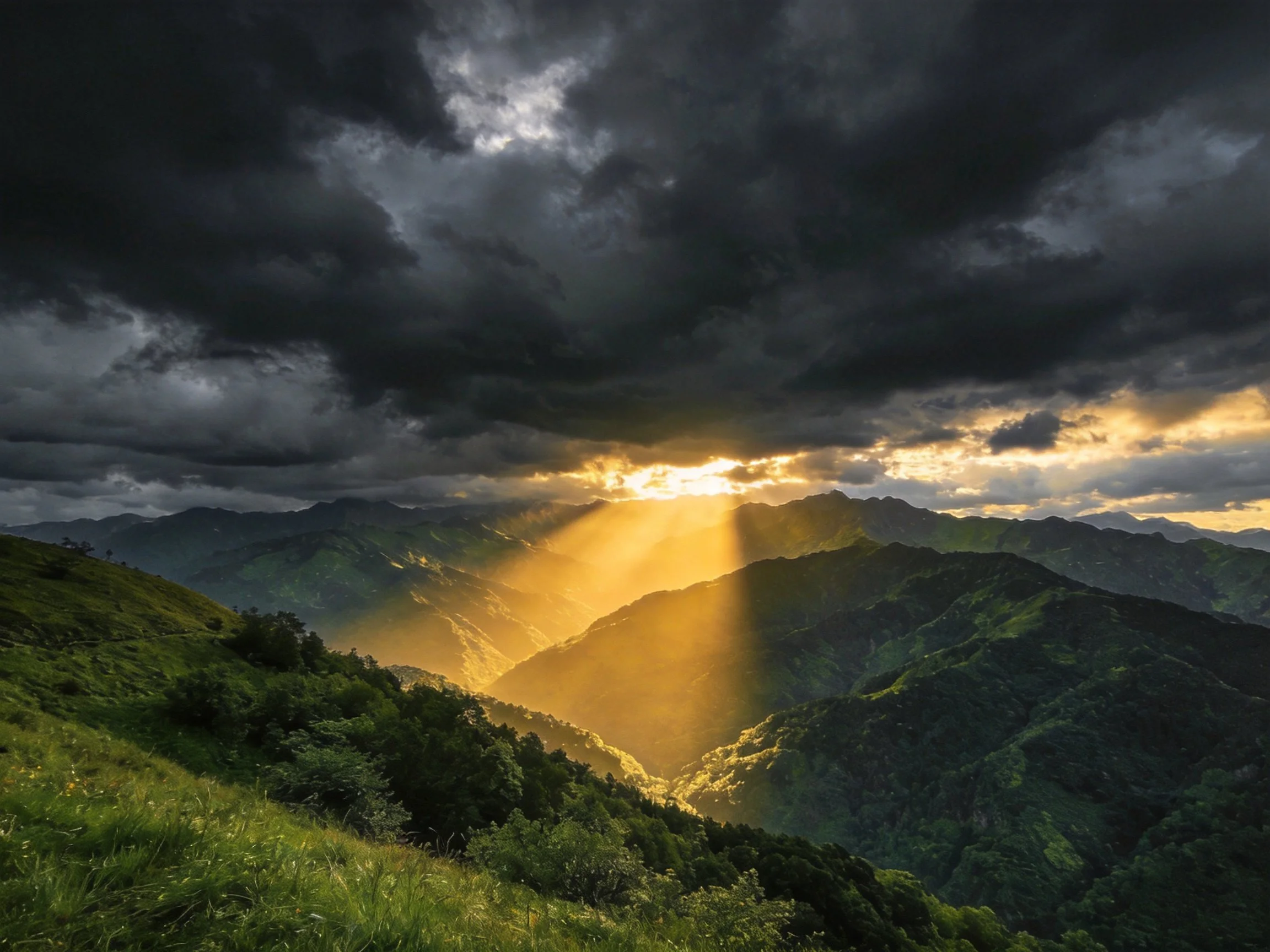 Dramatic sunset over lush green mountains with golden sunbeams