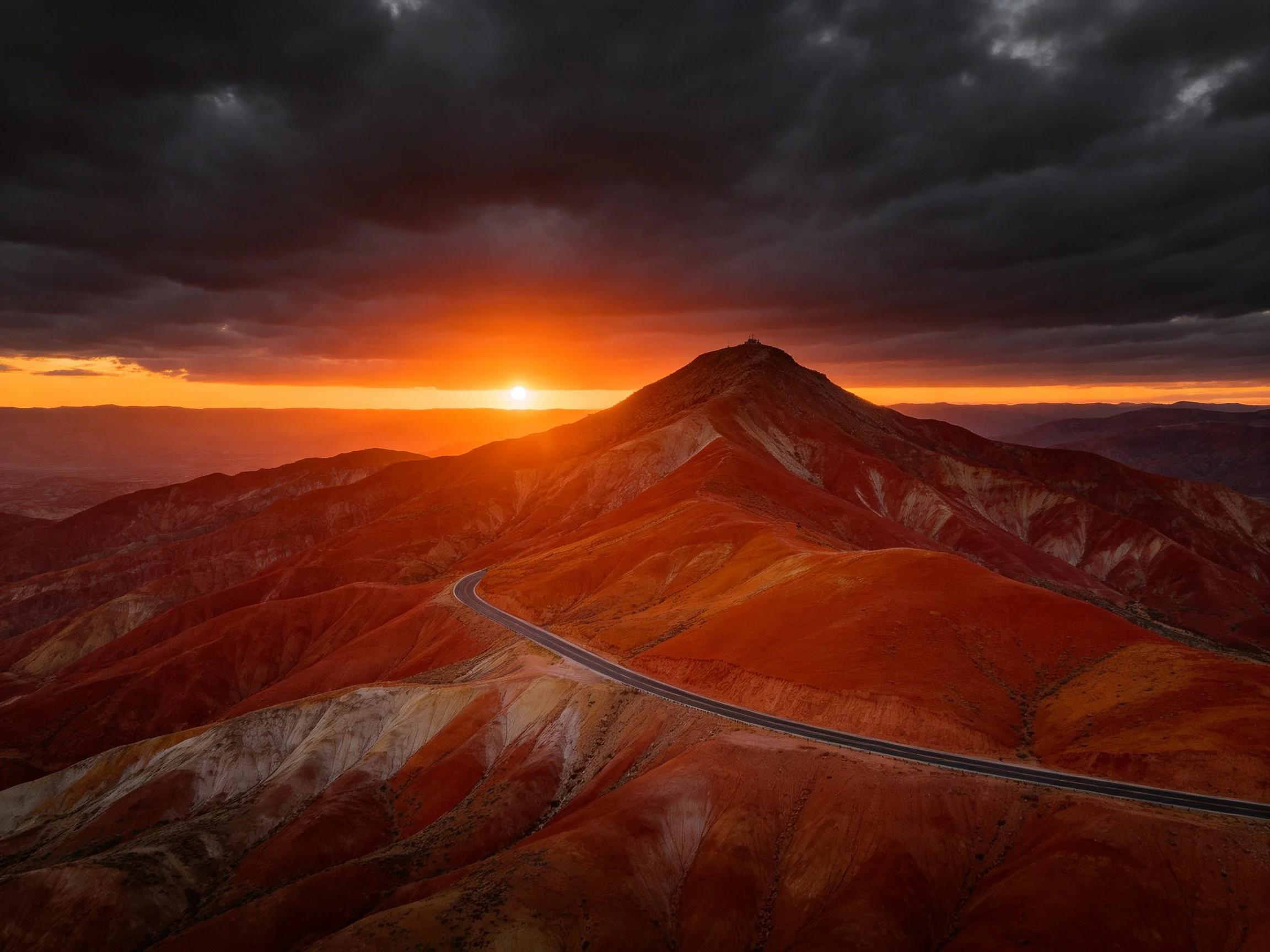 Dramatic sunset over vibrant multicolored mountain peaks
