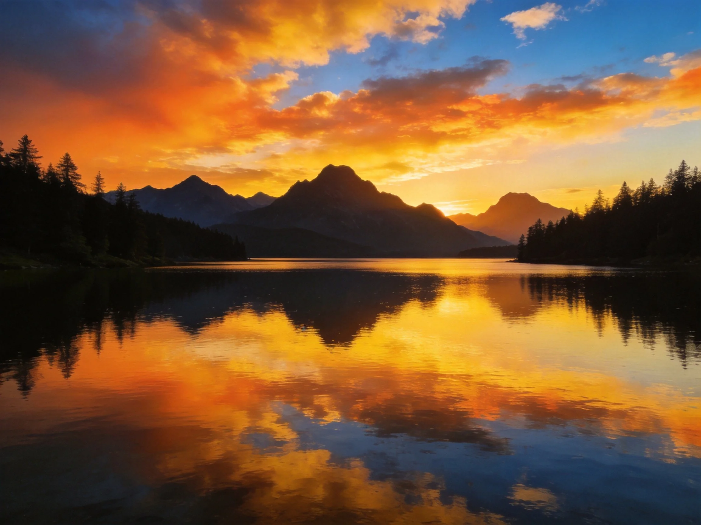 Dramatic sunset paints mountain lake with fiery orange hues