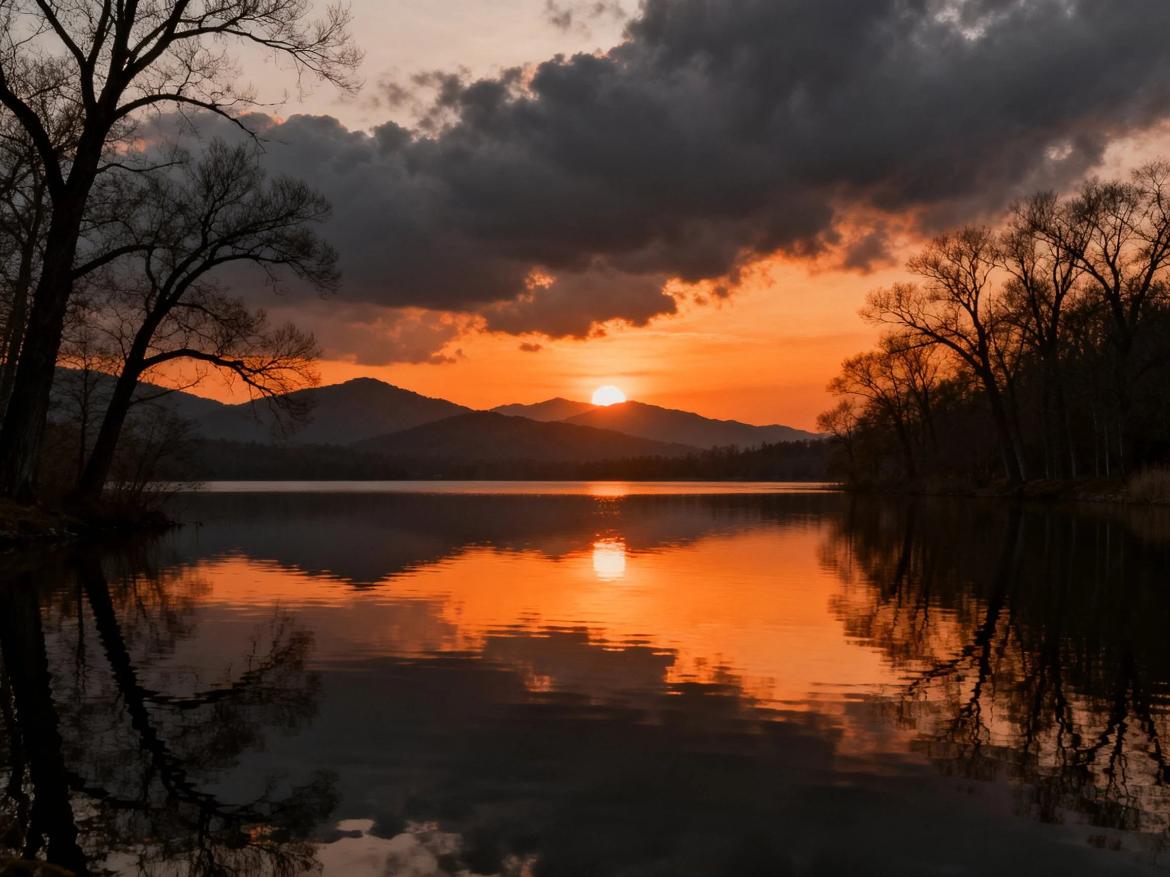 Dramatic sunset reflects on calm lake with mountain and tree silhouettes