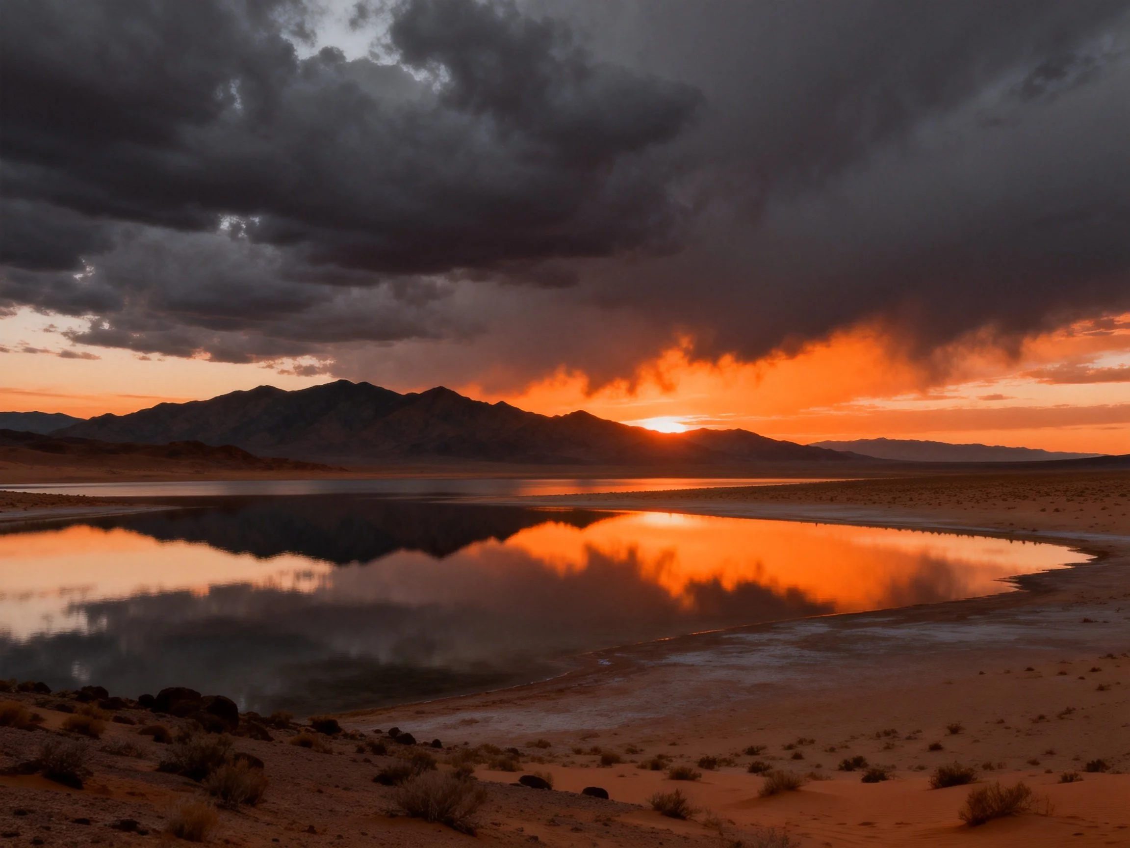 Dramatic sunset reflects over mountain lake with dark storm clouds