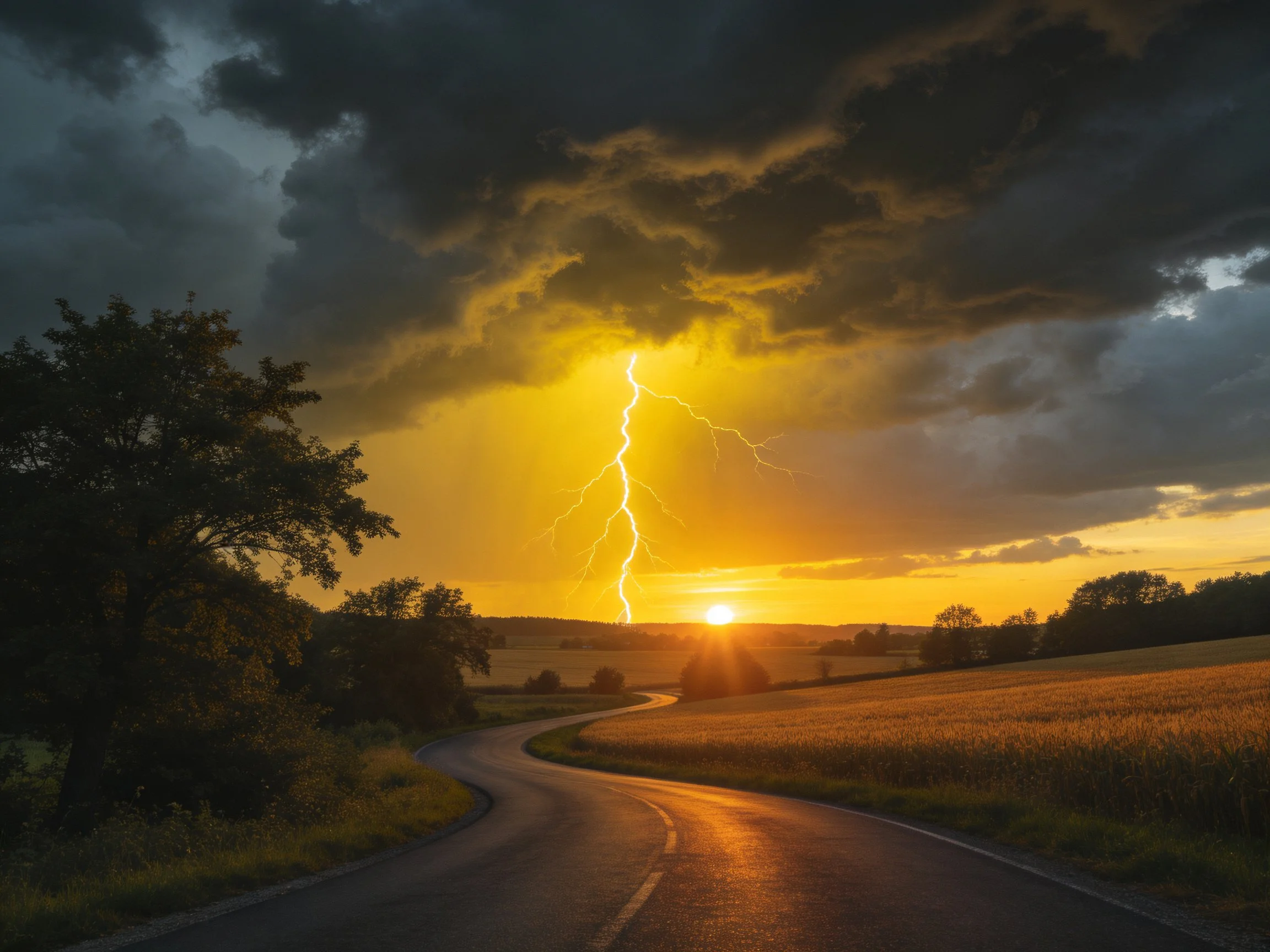 Dramatic sunset with lightning over winding country road