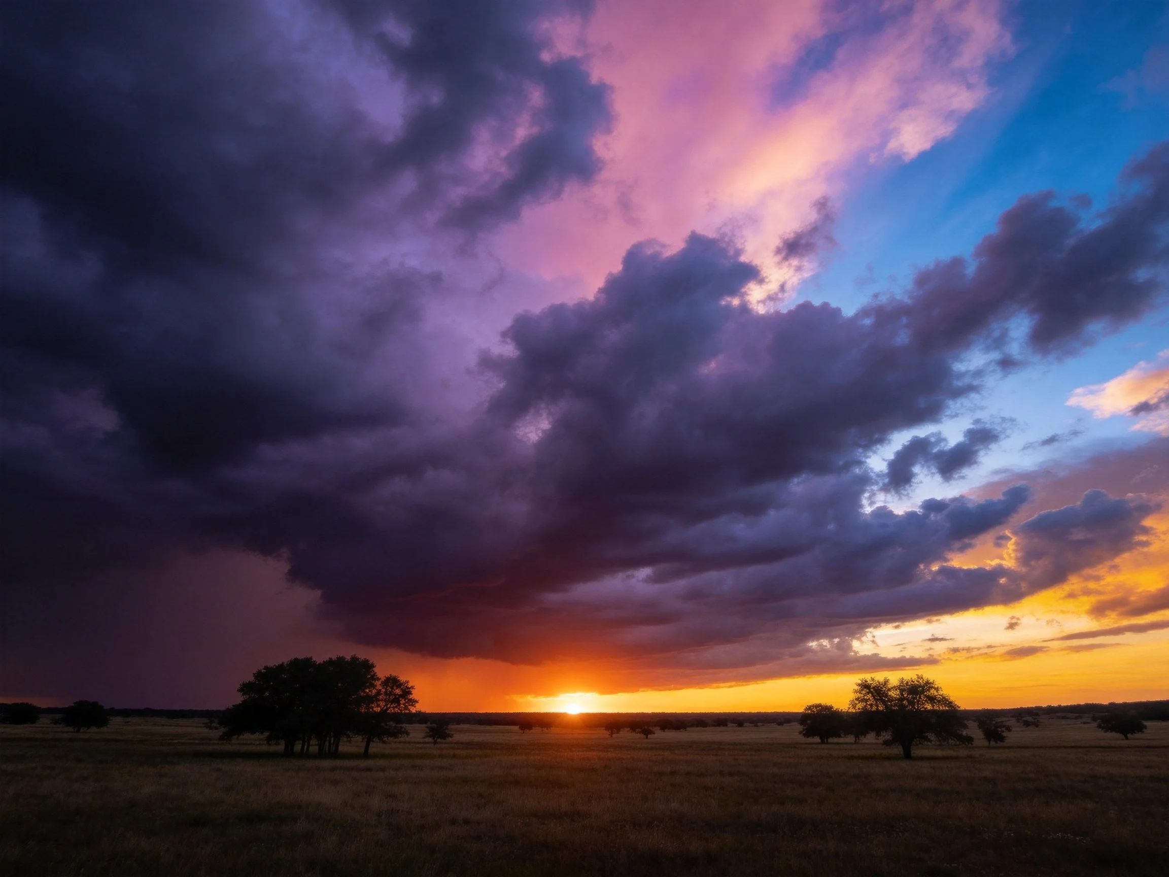 Dramatic sunset with multicolored storm clouds over open field