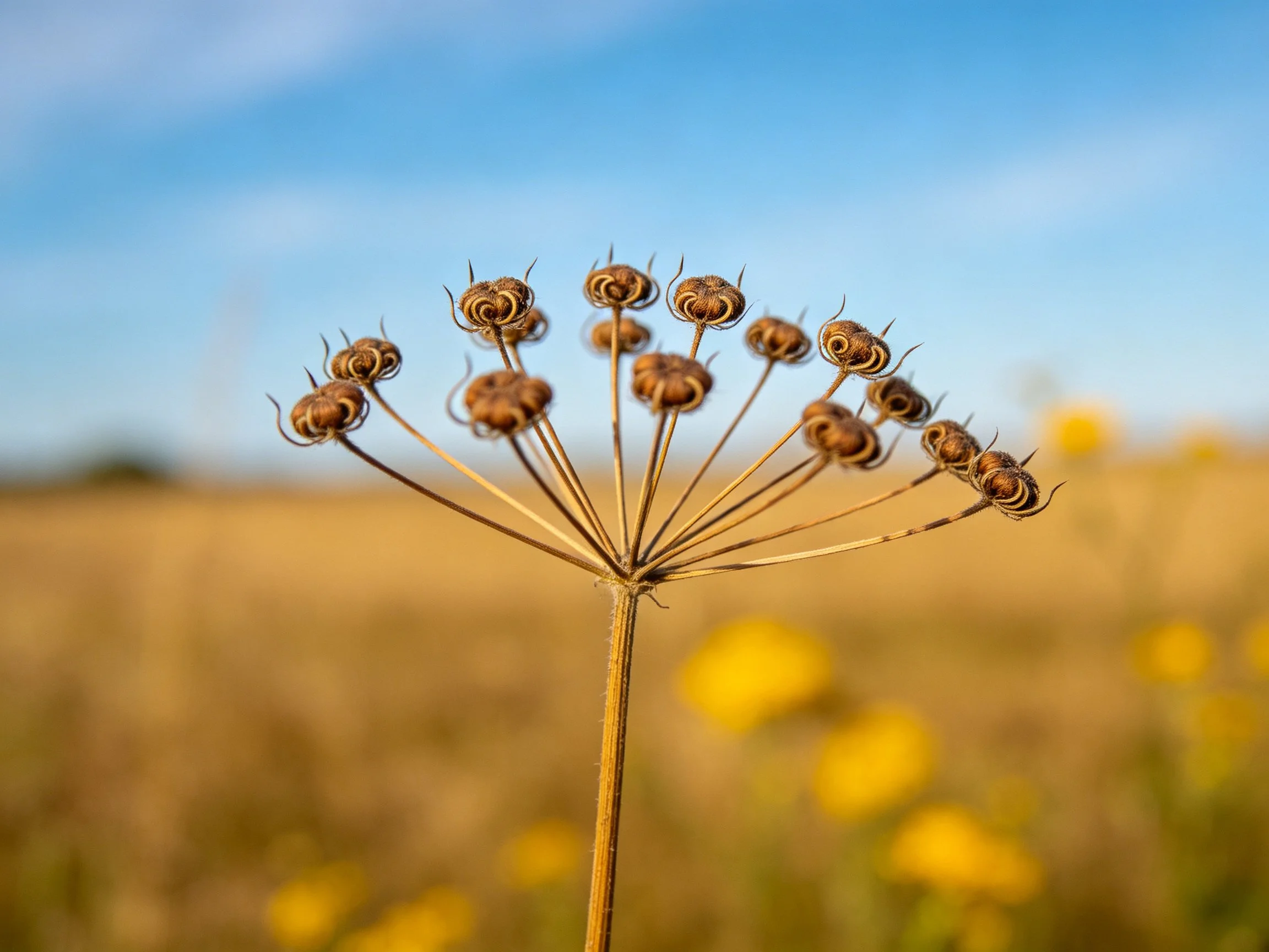Dried brown seed head with golden field and blue sky backdrop