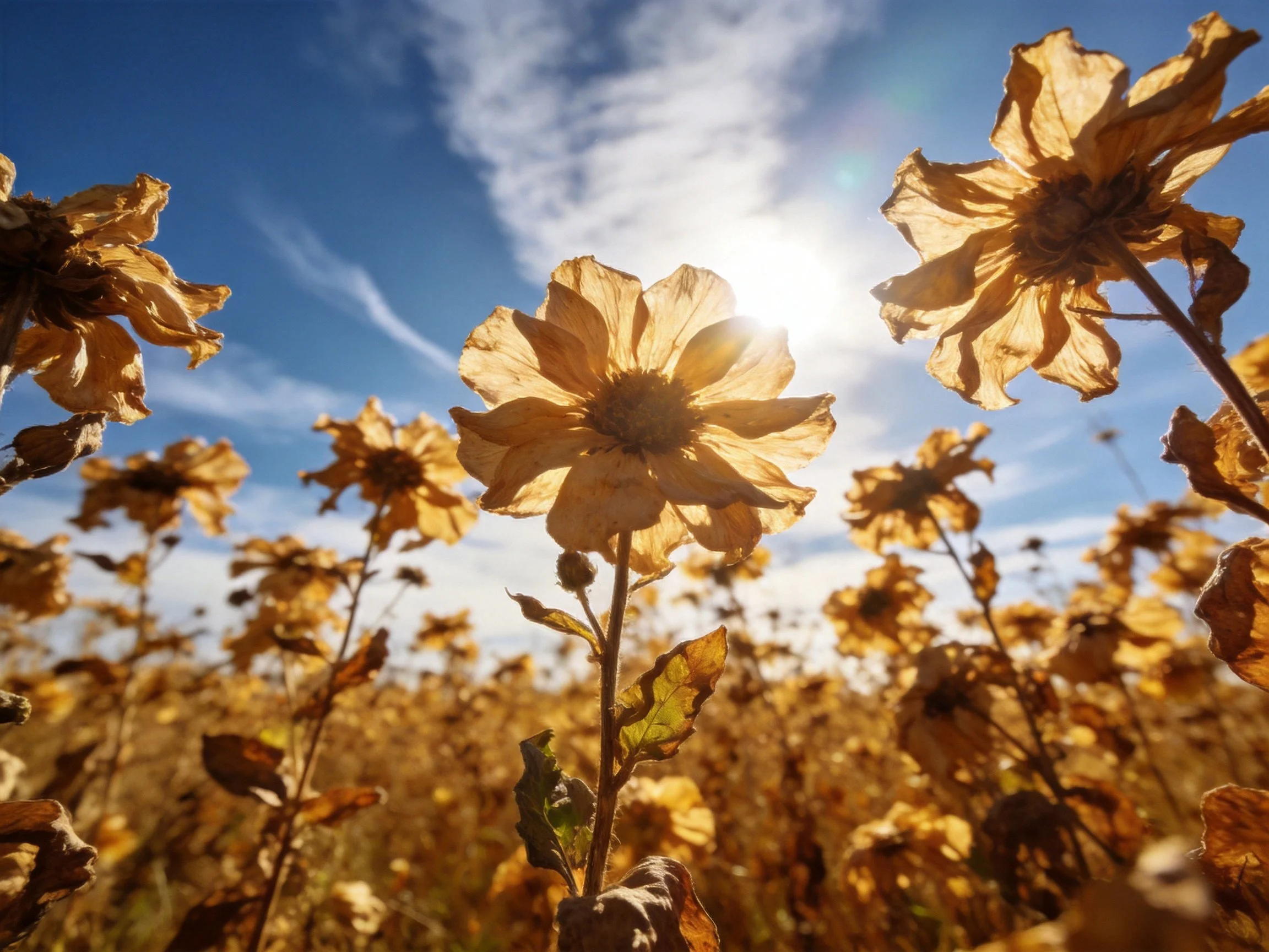 Dried golden flowers under bright blue sky with sun