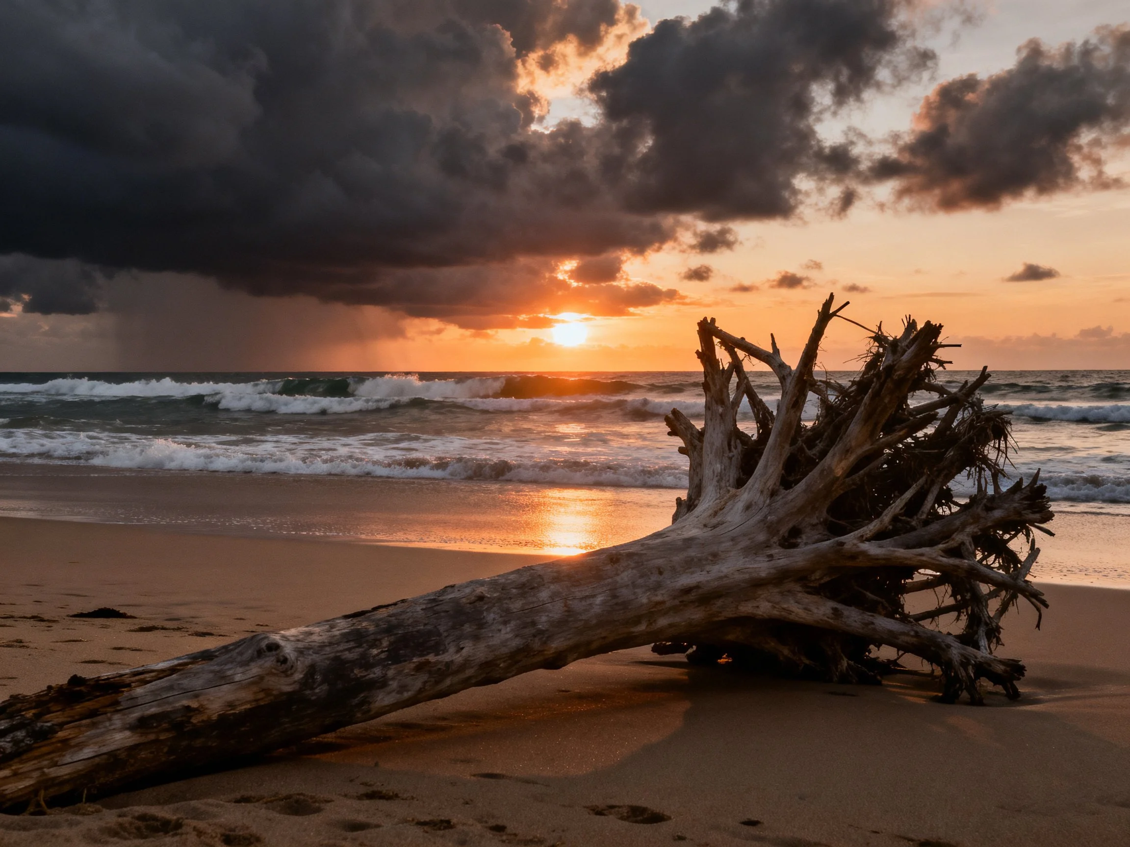 Driftwood on sandy beach during dramatic sunset over ocean
