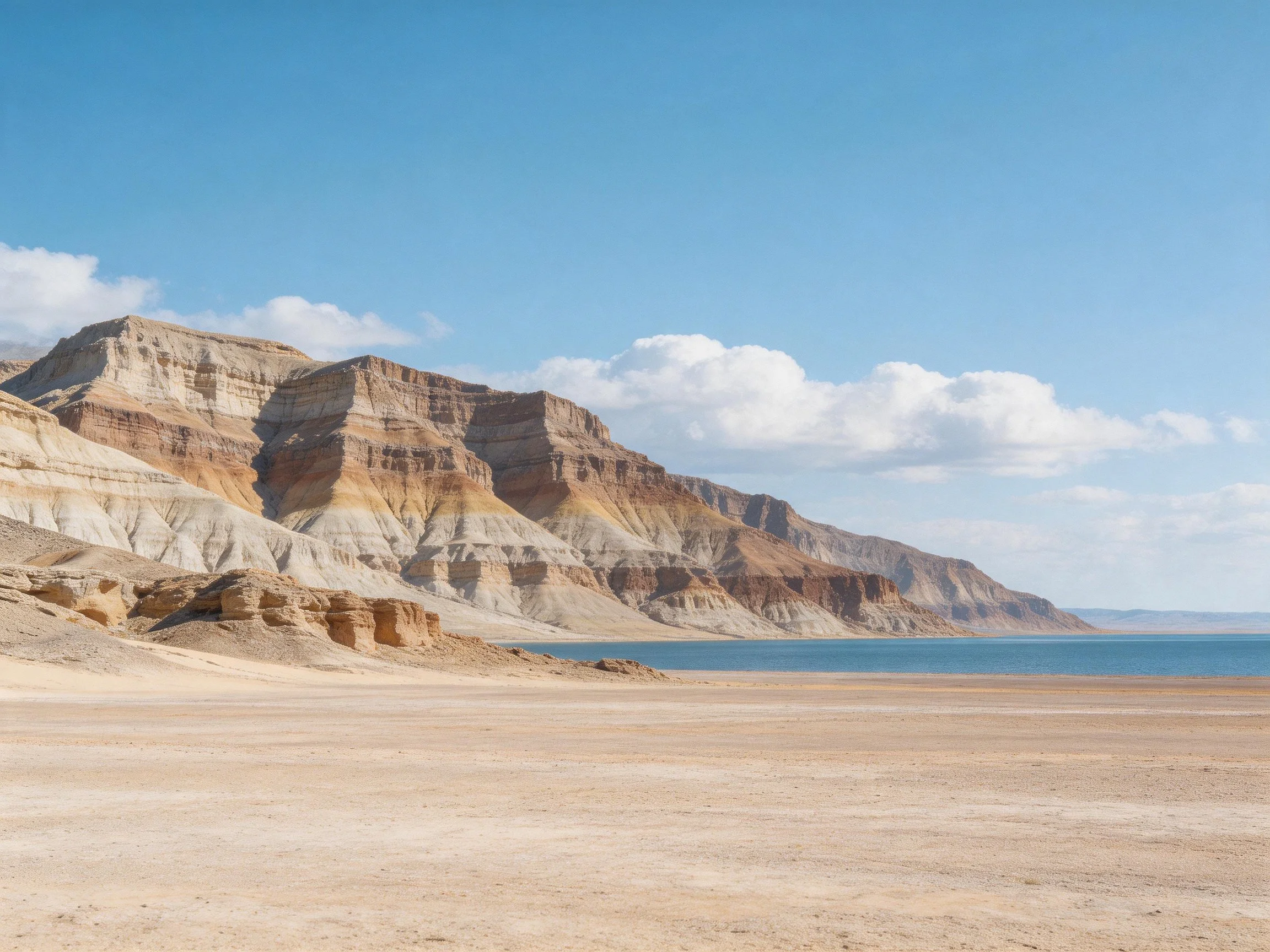 Earth-colored layered cliffs near a blue lake in arid terrain