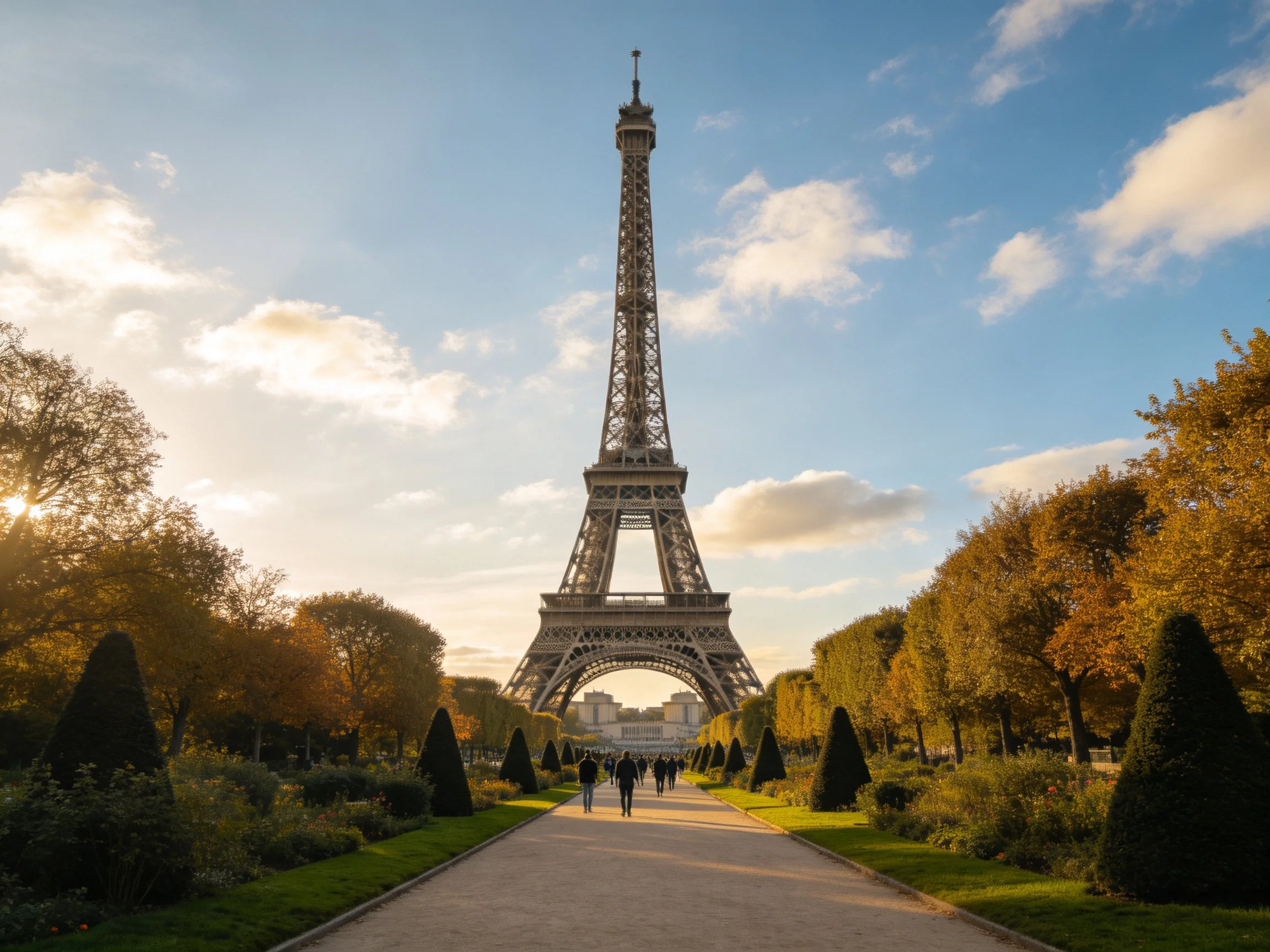 Eiffel Tower towers over autumnal gardens under golden sunlight