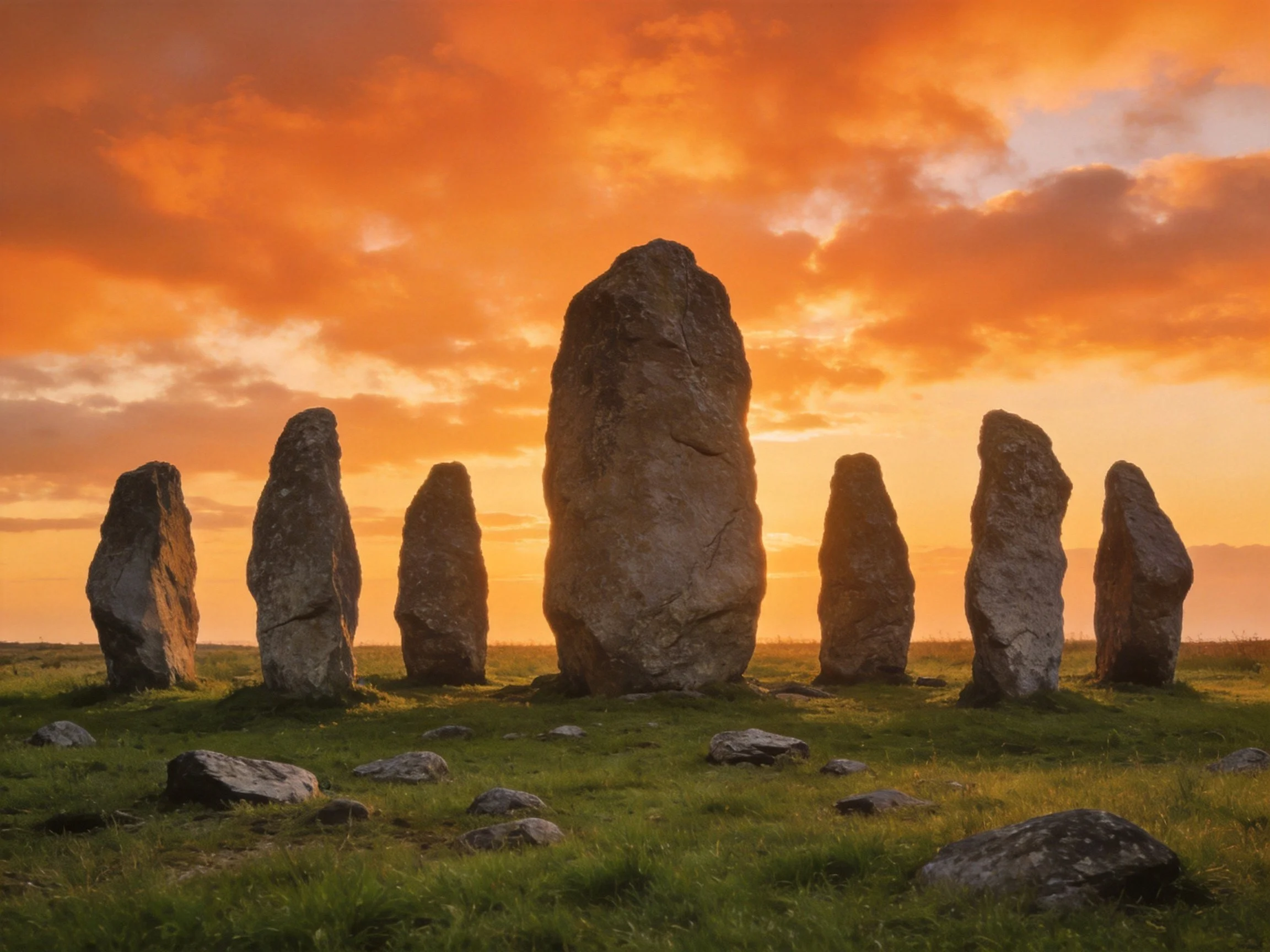 Eight ancient standing stones form a circle under vibrant orange sunset sky