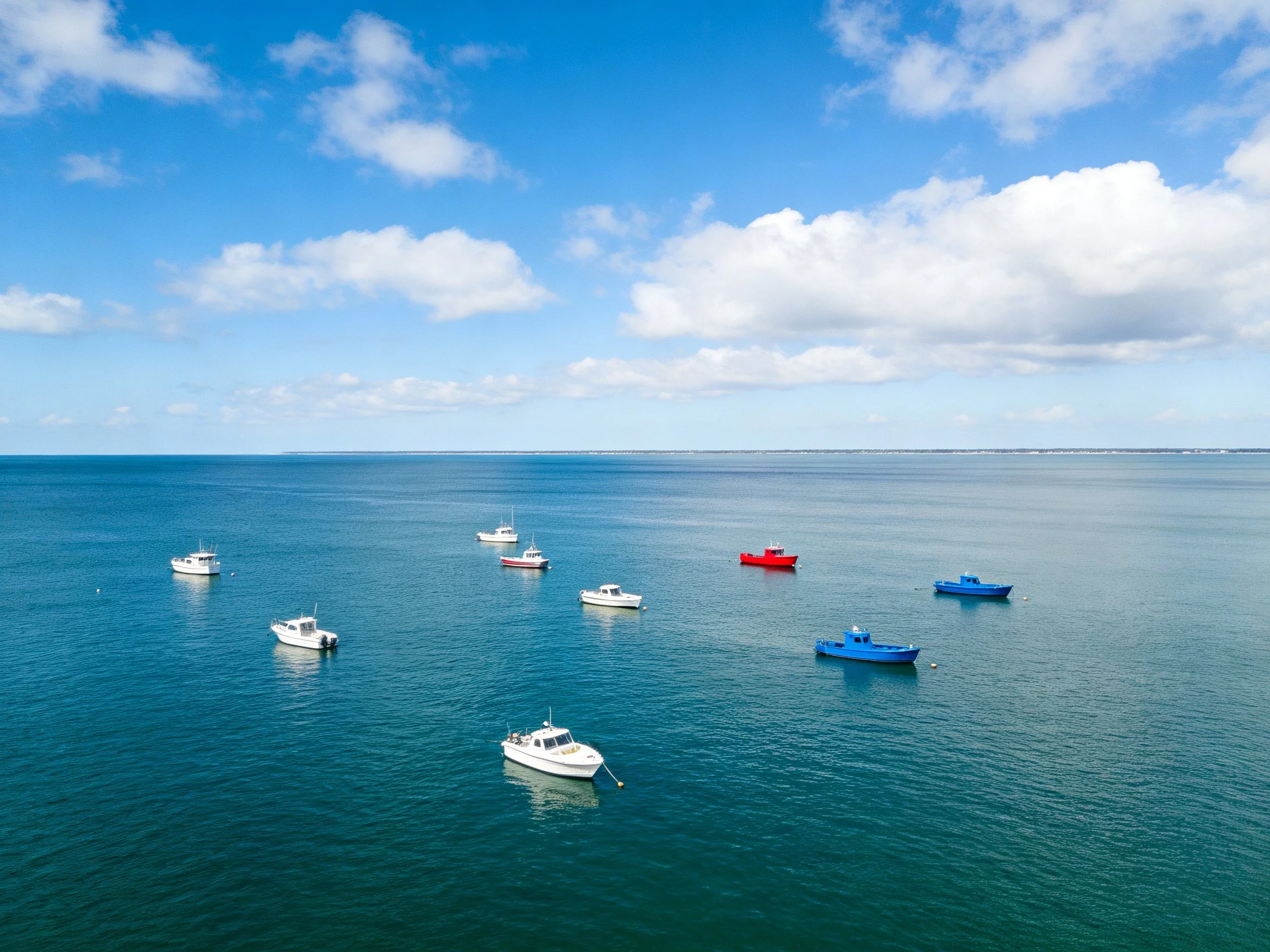 Eight boats of different colors float on calm ocean waters under a bright sky.