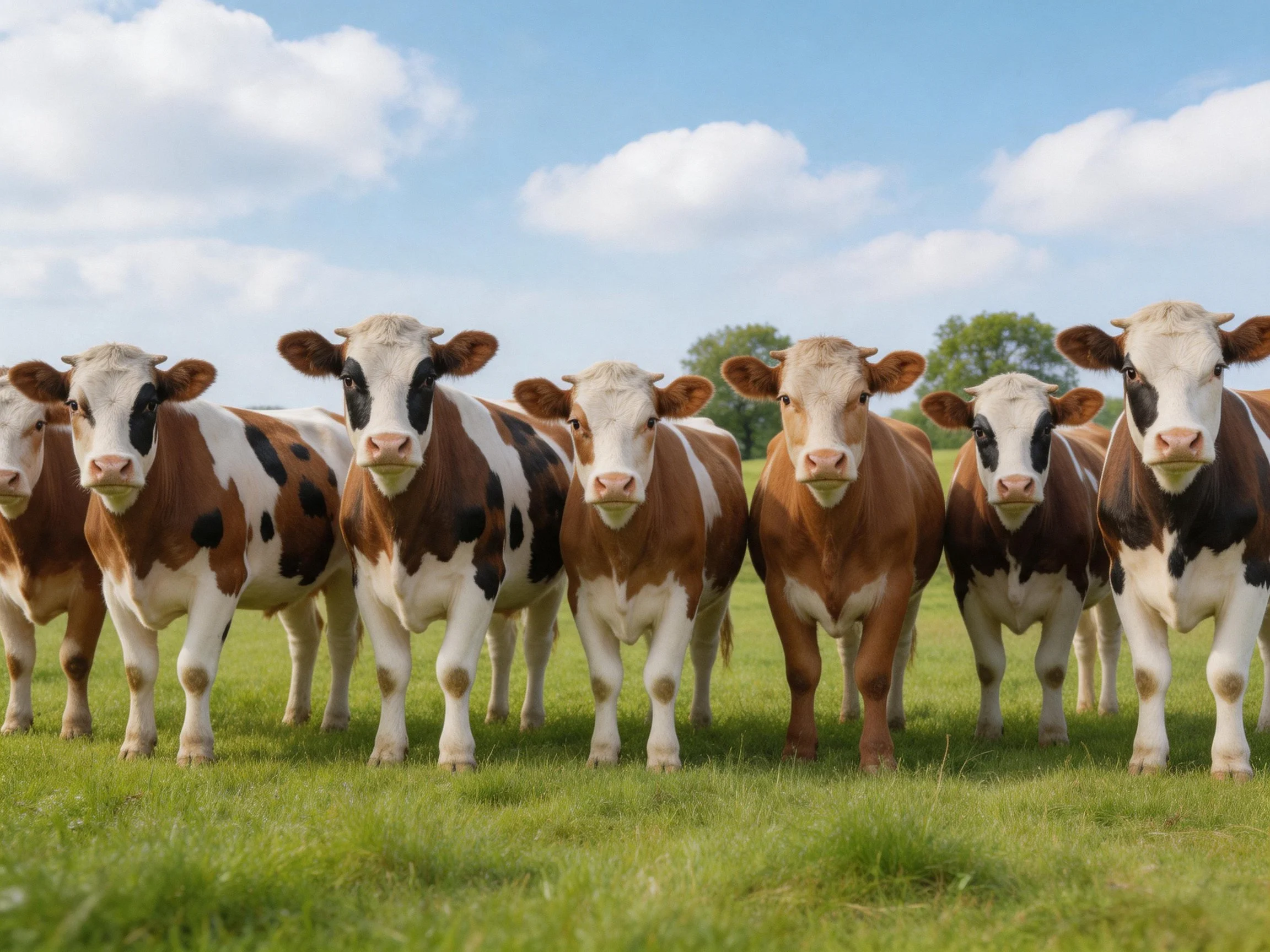 Eight cows with varied brown and white coats on a green pasture under blue sky