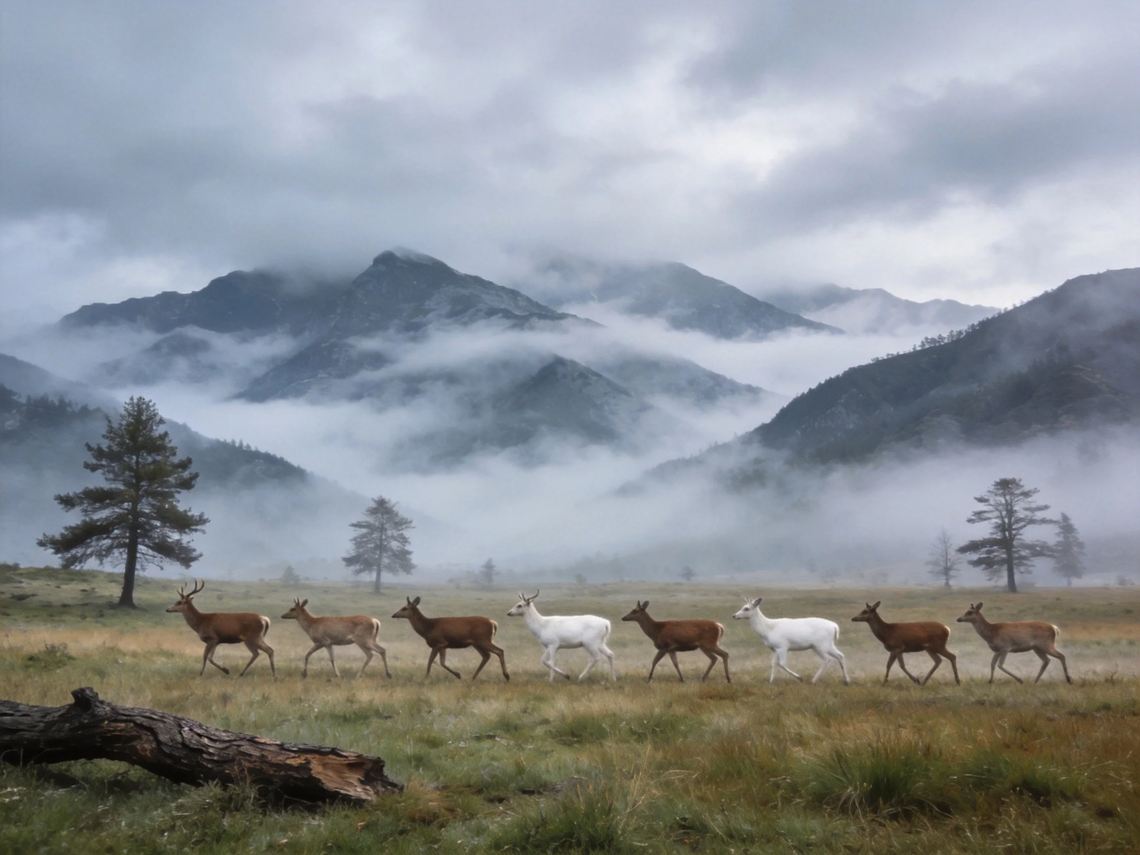 Eight deer, two white, traverse a mist-laden mountain meadow.