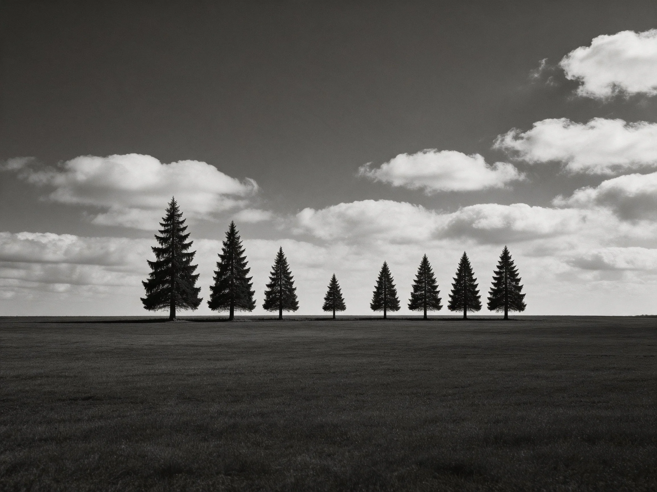 Eight evergreen trees aligned in an open field under cloudy sky