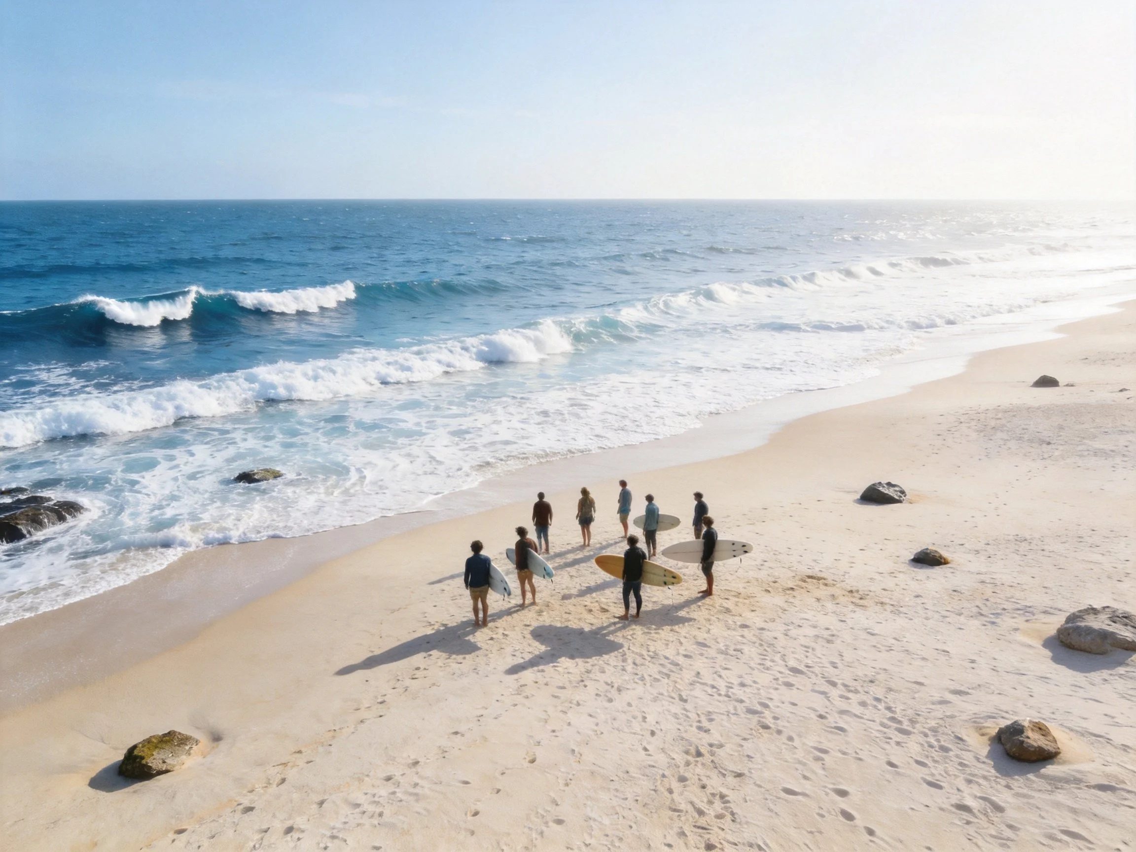 Eight people gather on a sandy beach with surfboards by the ocean