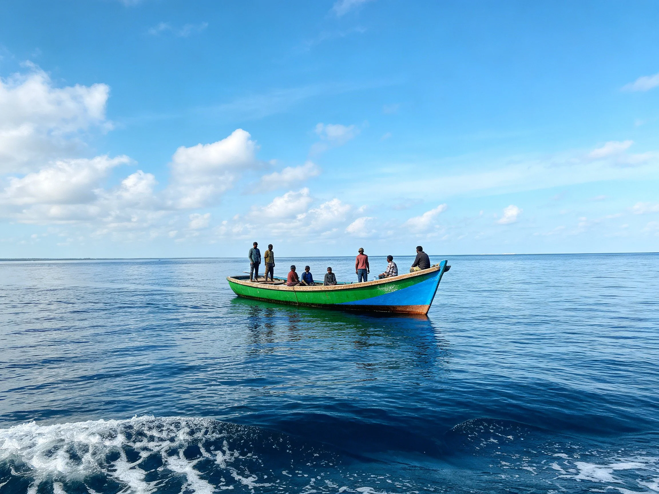 Eight people in a green and blue wooden boat on calm sea