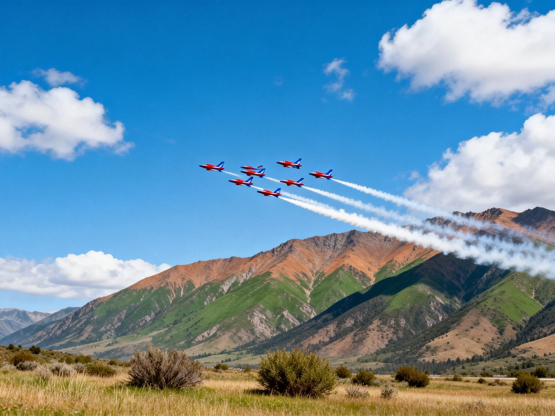 Eight red and blue jets fly in formation over green-brown mountains