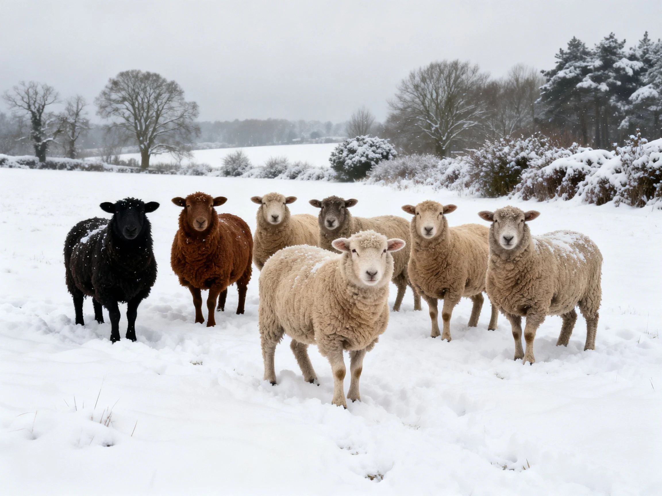Eight sheep of varied colors in a snowy winter landscape